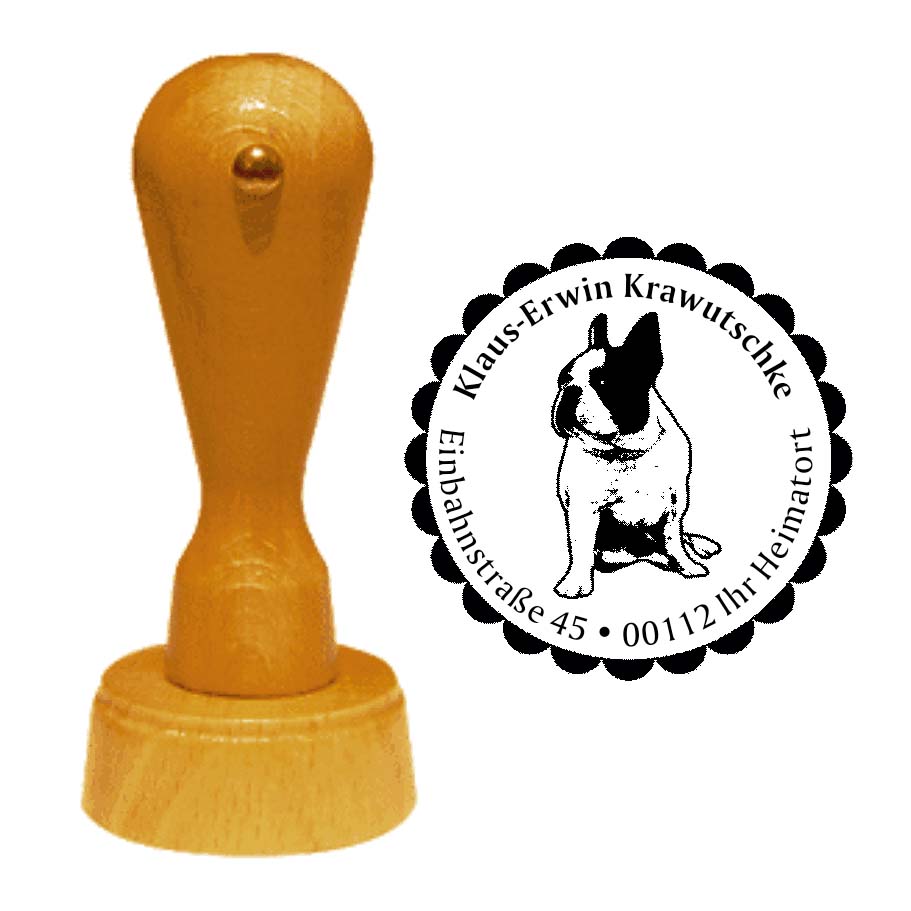 Adressstempel Französische Bulldogge -  Holzstempel personalisiert mit Adresse - Ø 40 mm