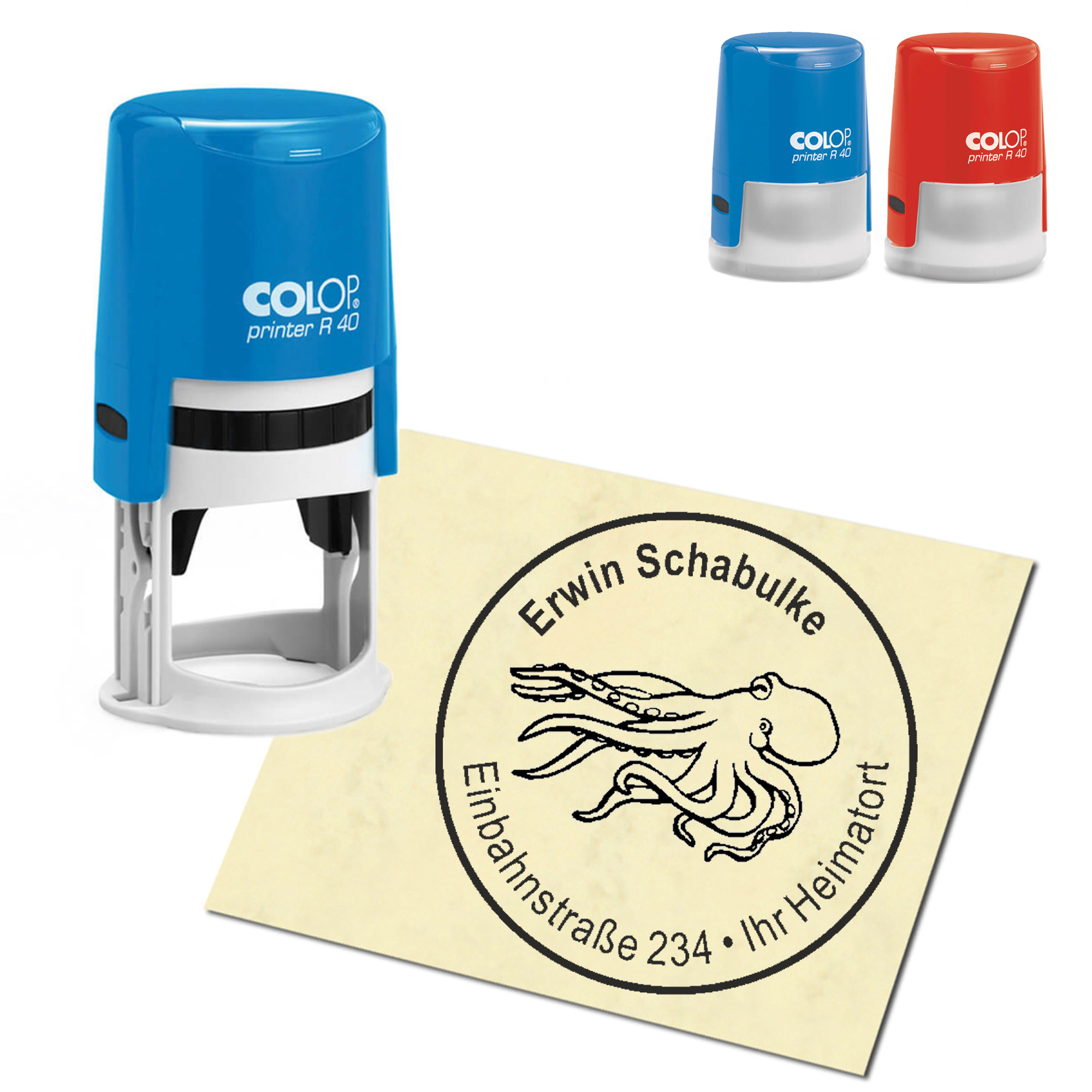 Stempel Adressstempel personalisiert - schwimmender Octopus - rund &empty; 40mm