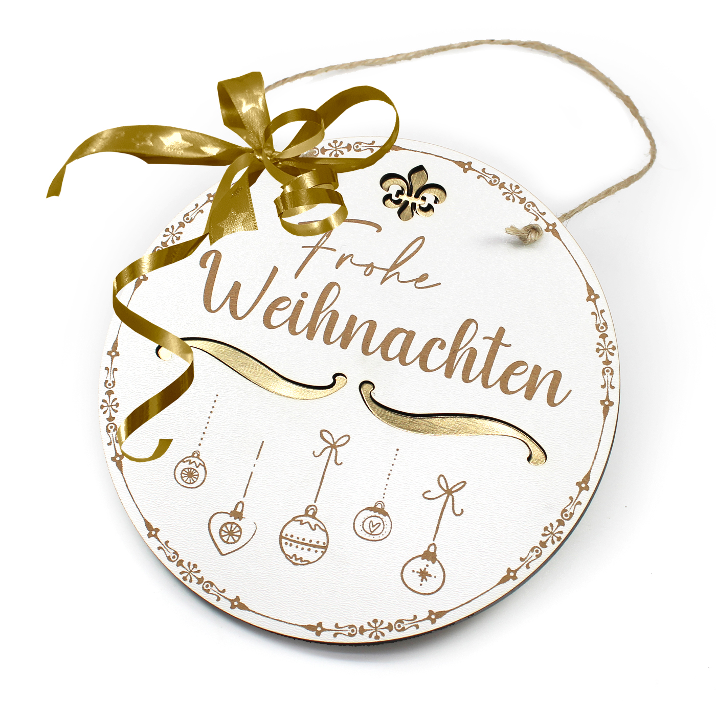 Schild rund Frohe Weihnachten mit Motiv Tannenbaumkugel und goldfarbenem Ornament Ø 15 cm