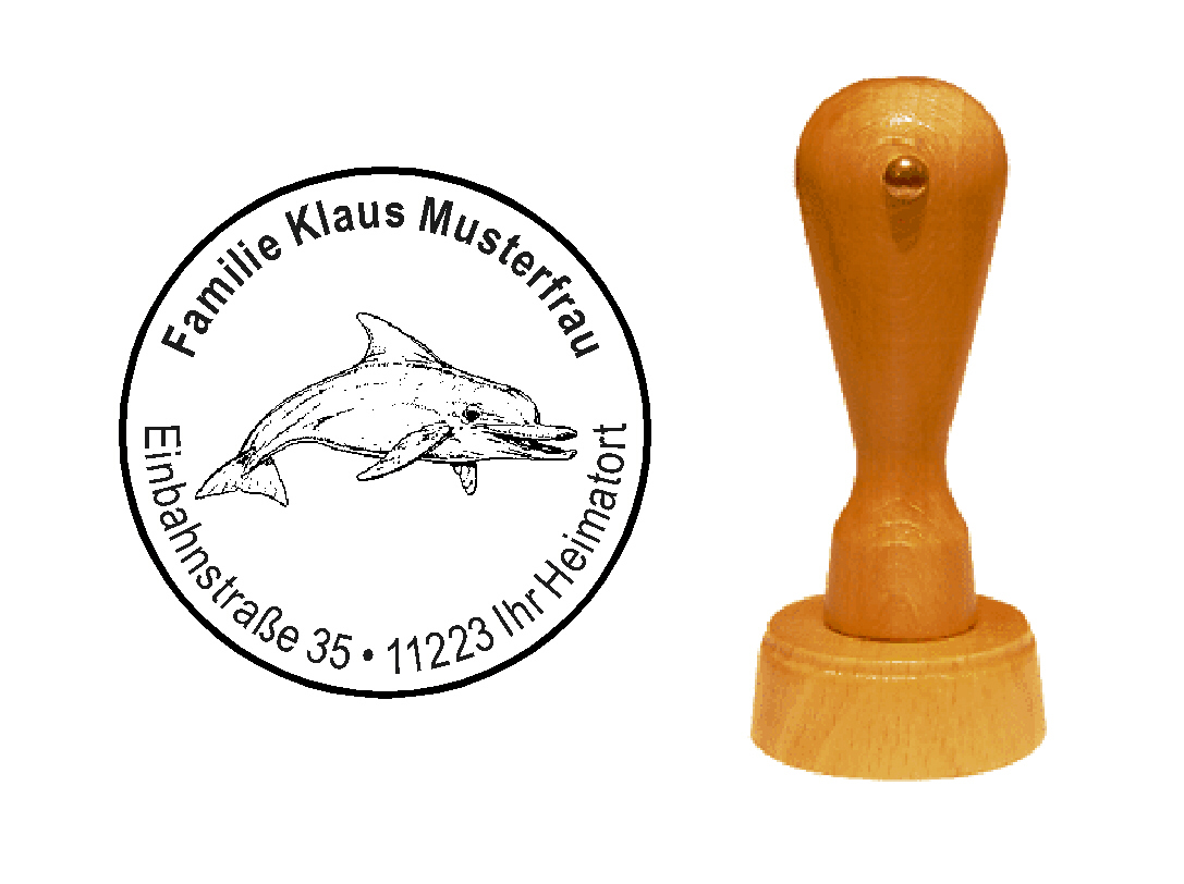 « Delfin 1 » Holzstempel mit persönlichem Wunschtext