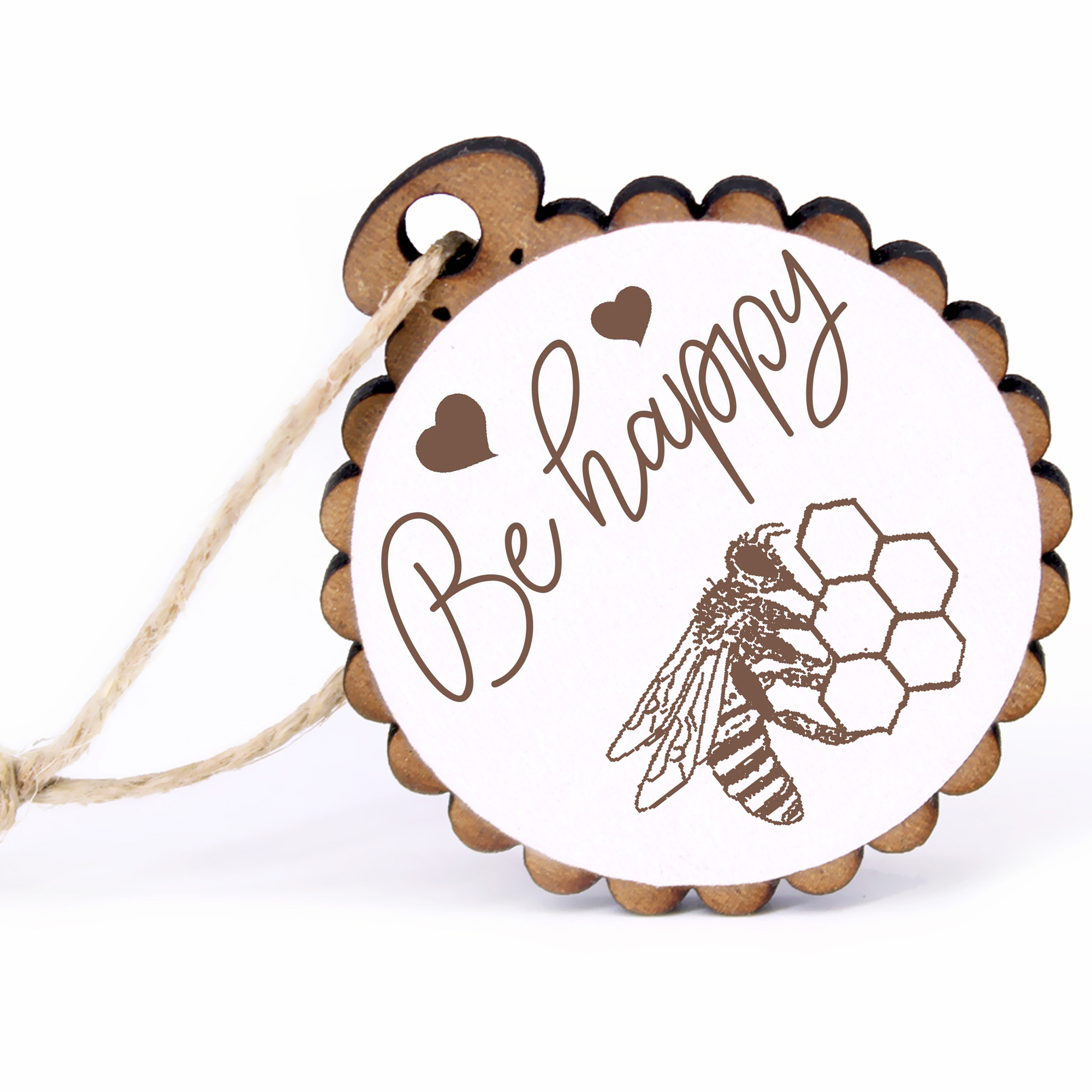 Geschenkanhänger - Be Happy Biene mit Wabe -  Holz Ø-5cm - mit Juteband