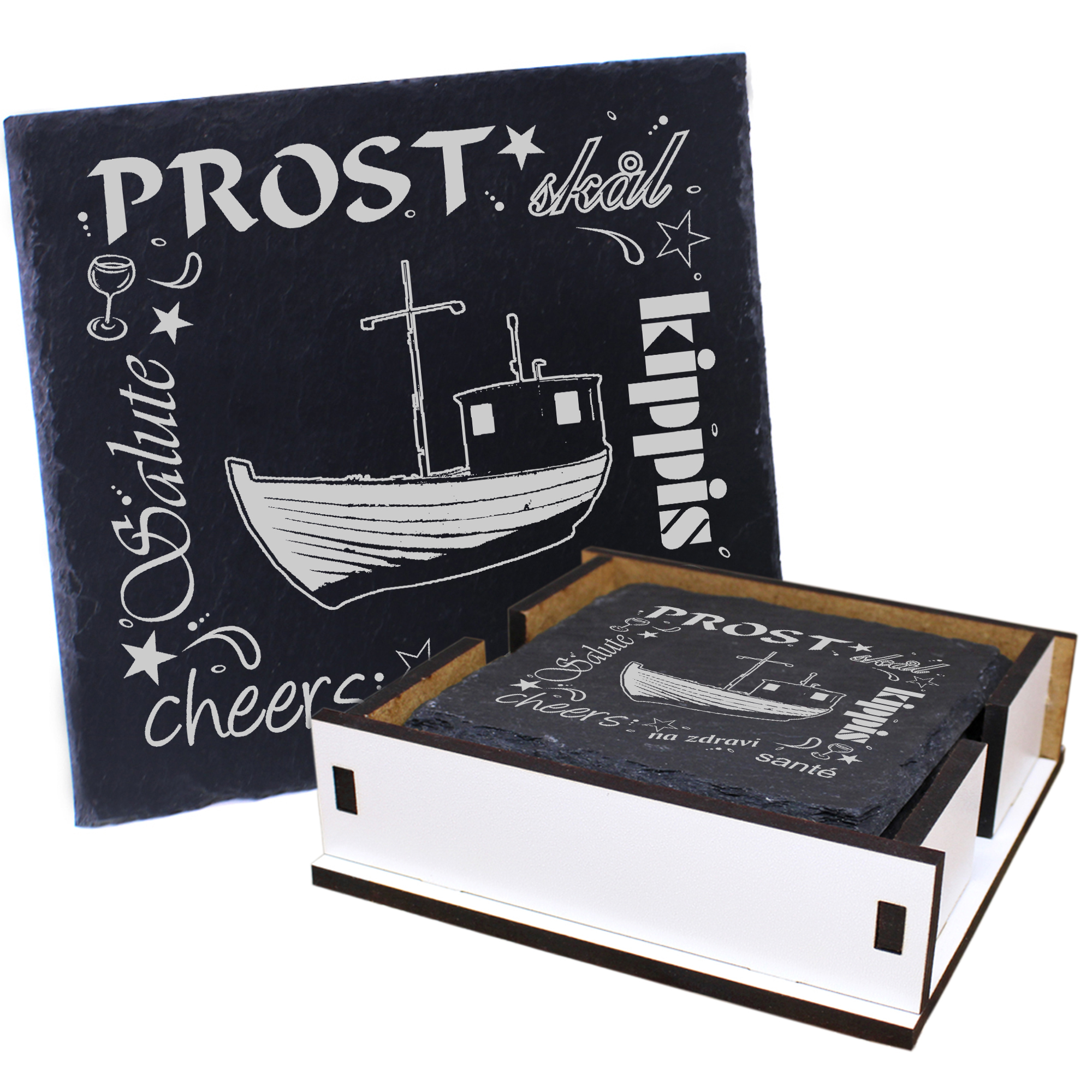 5 x Schiefer Untersetzer - Prost Fischkutter - inkl. Holzbox & Flaschenuntersetzer
