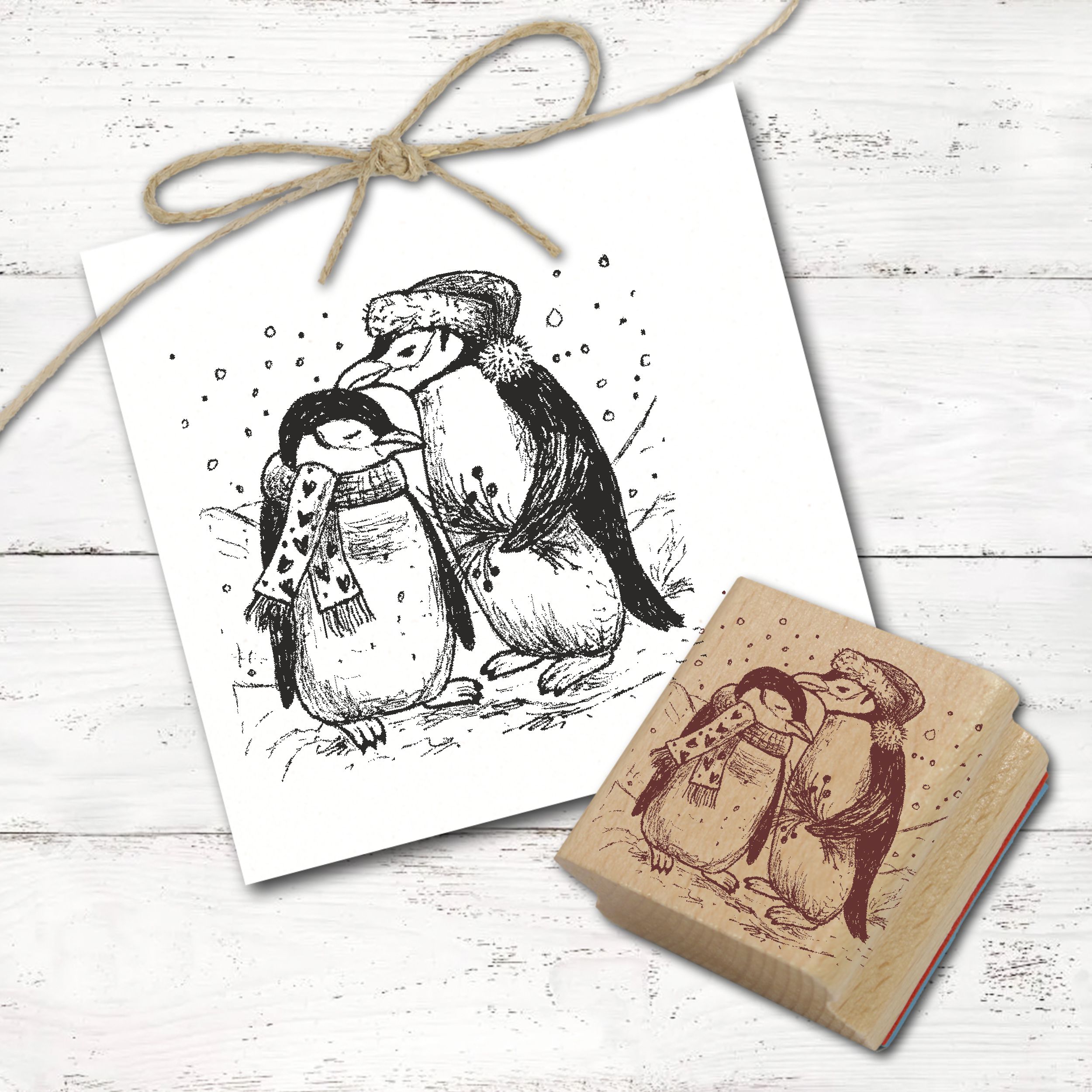 Motivstempel Winter Pinguin Paar im Schnee Stempel Holzstempel 48mm x 48mm