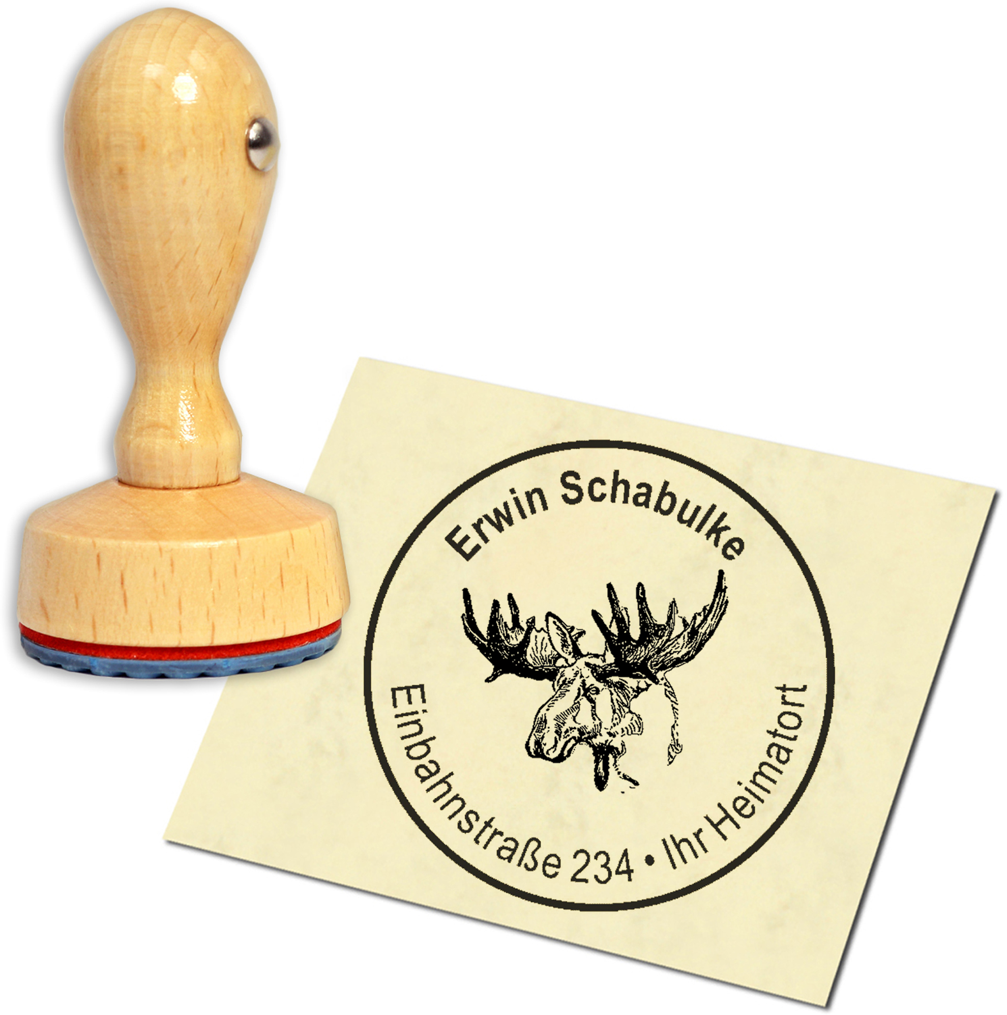 Stempel Adressstempel Holzstempel - Elch Kopf - rund 40mm