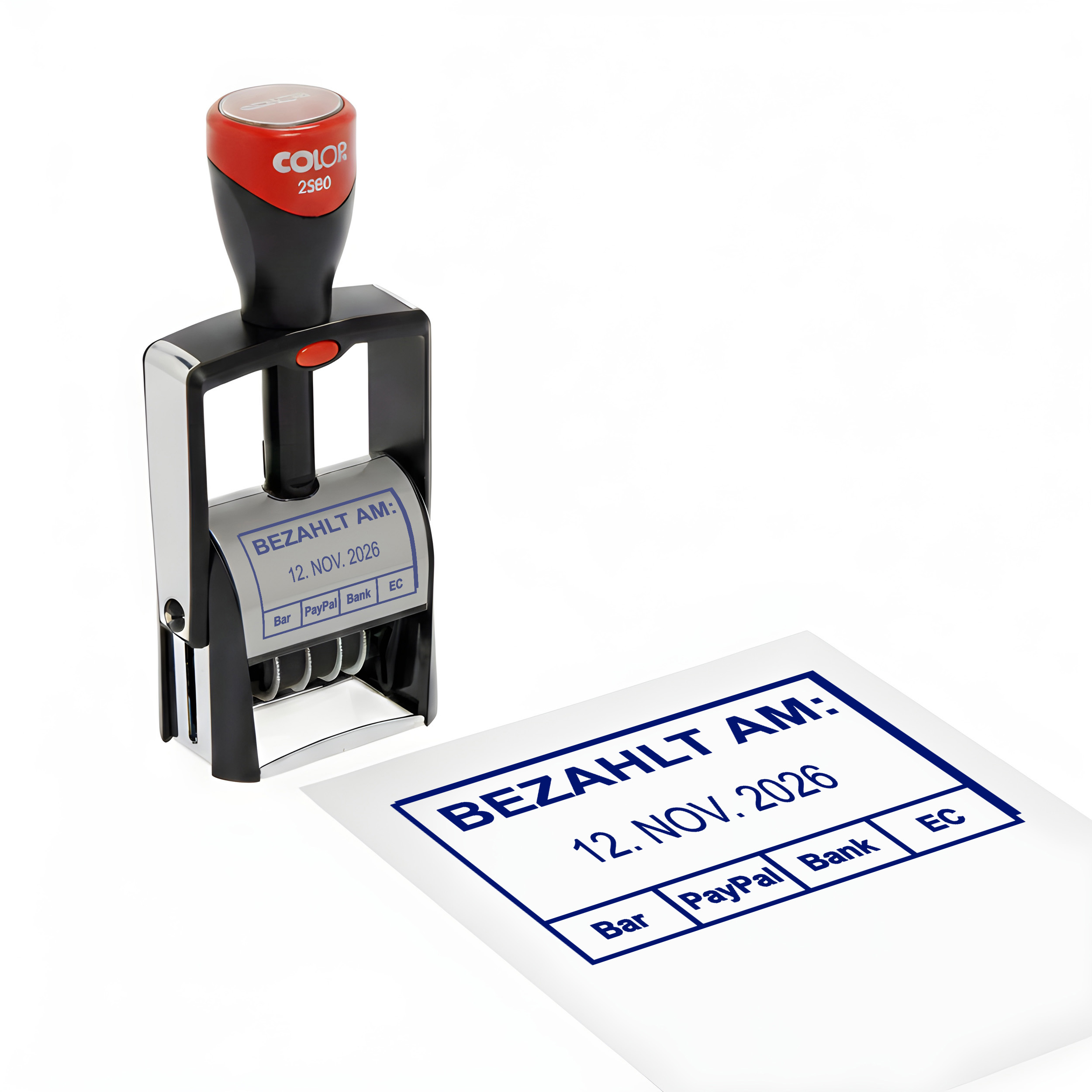 Datumsstempel Stempel BEZAHLT AM – Colop 2360 selbstfärbender Kontierungsstempel mit Datum 44x29 mm
