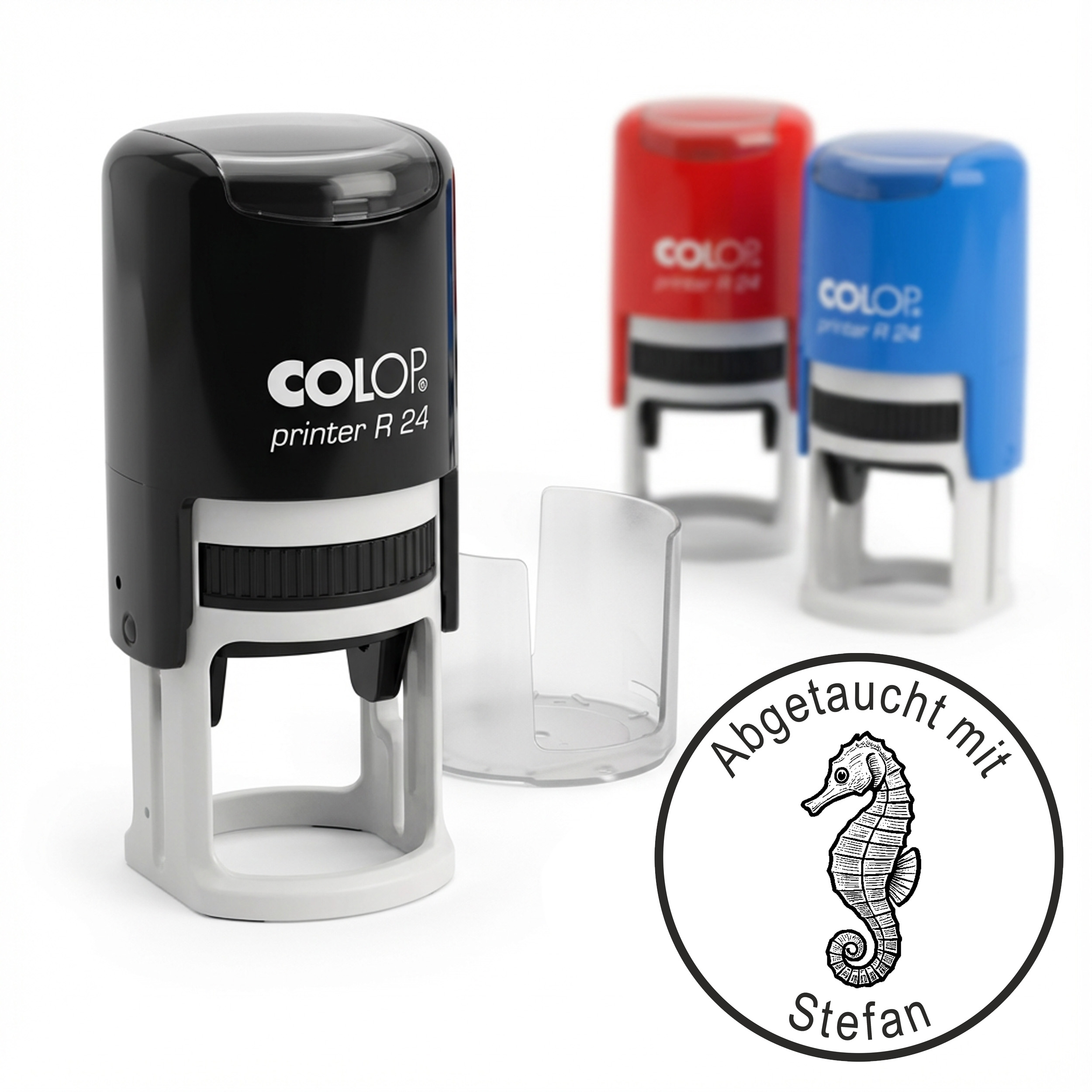 Taucherstempel Seepferdchen 24x24 mm –  runder Stempel personalisiert für Taucherlogbuch, Tauchlogbuch & Tauchbuch