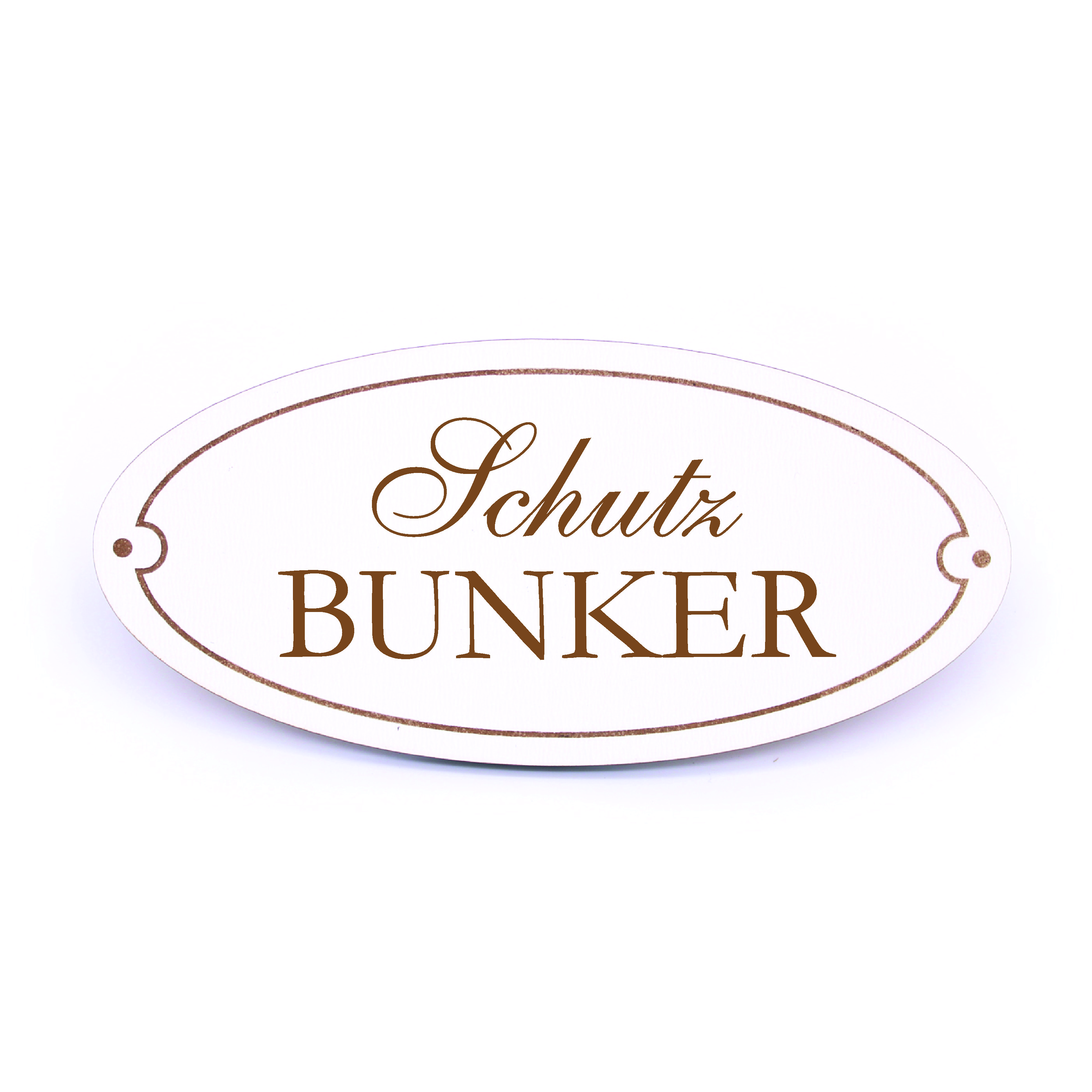 Türschild SCHUTZ BUNKER Schild oval Schutzbunker weiß selbstklebend graviert Holz Türdeko 15x7cm