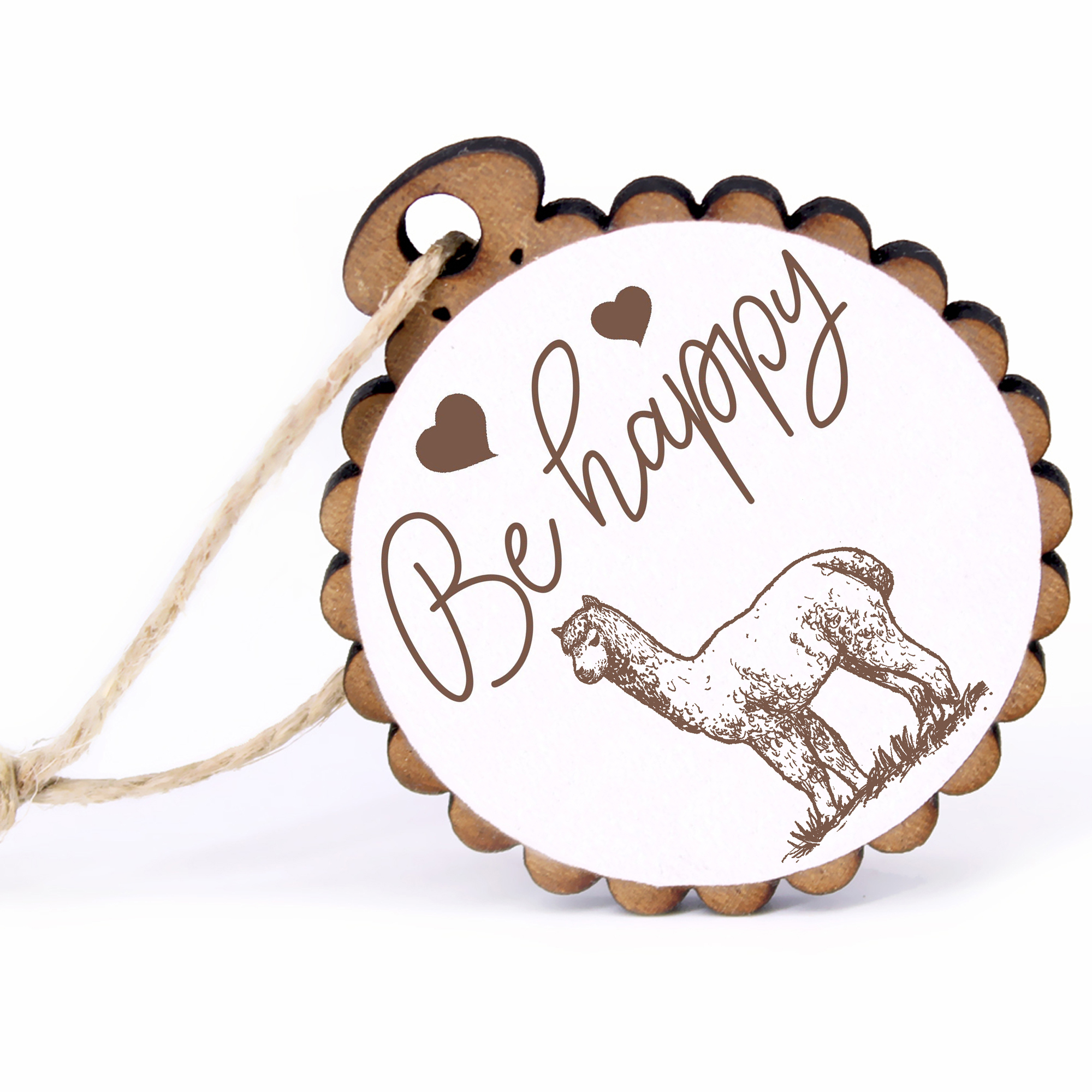 Geschenkanhänger - Be Happy Alpaka auf einer Wiese -  Holz Ø-5cm - mit Juteband