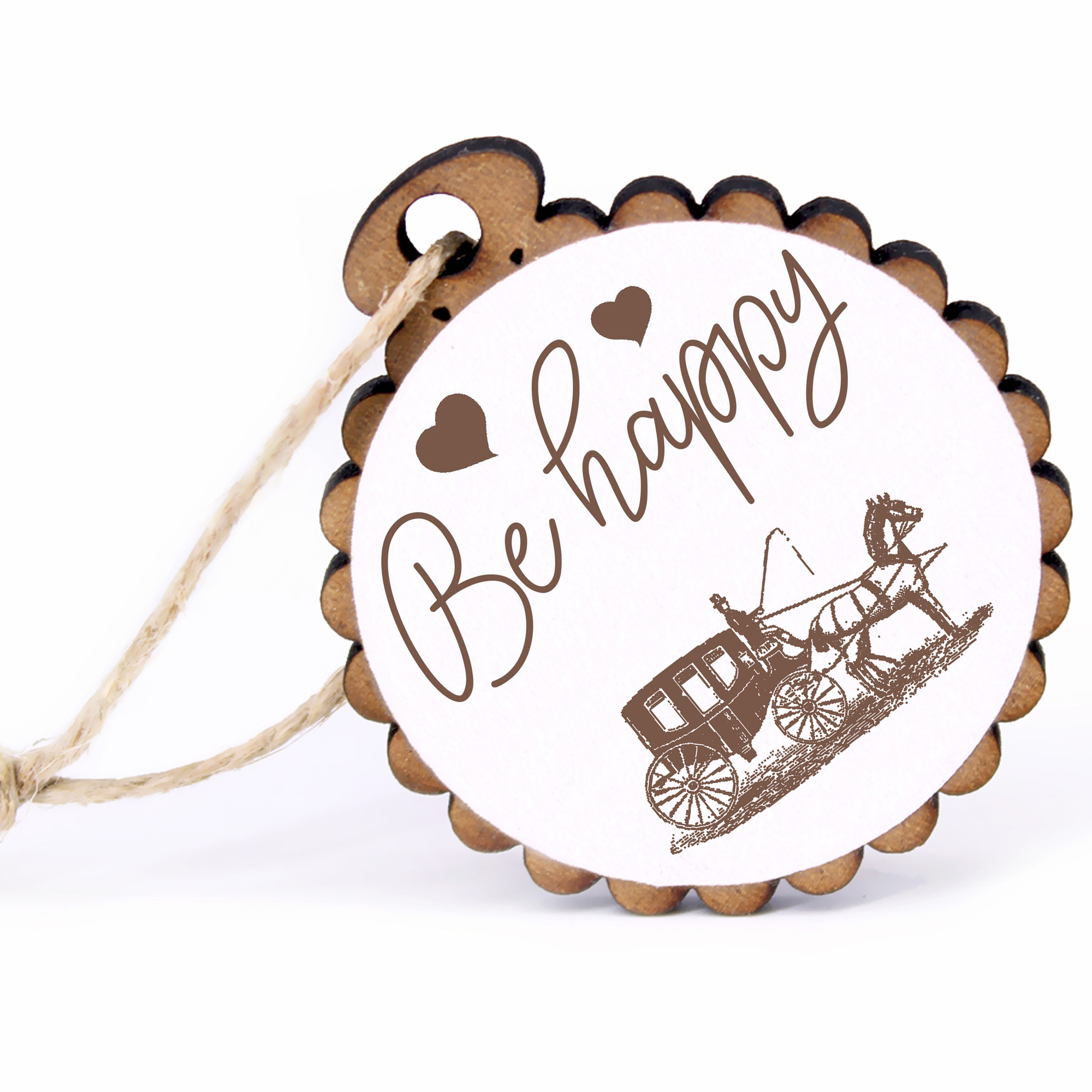 Geschenkanhänger - Be Happy Pferdekutsche -  Holz Ø-5cm - mit Juteband