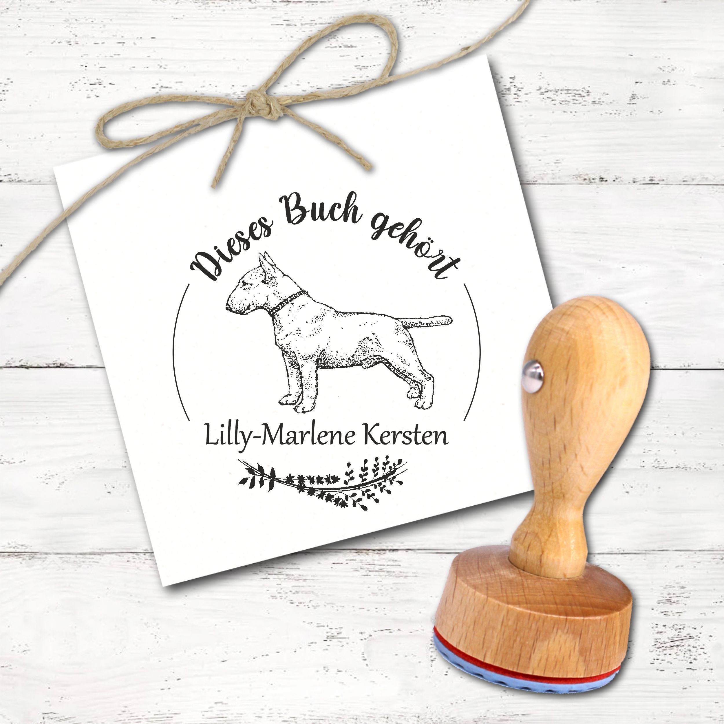 Ex Libris Stempel personalisiert mit Namen Motiv Bullterrier - Bücherstempel individuell - für Kinder, Schule & Lehrer - Ø 38 mm