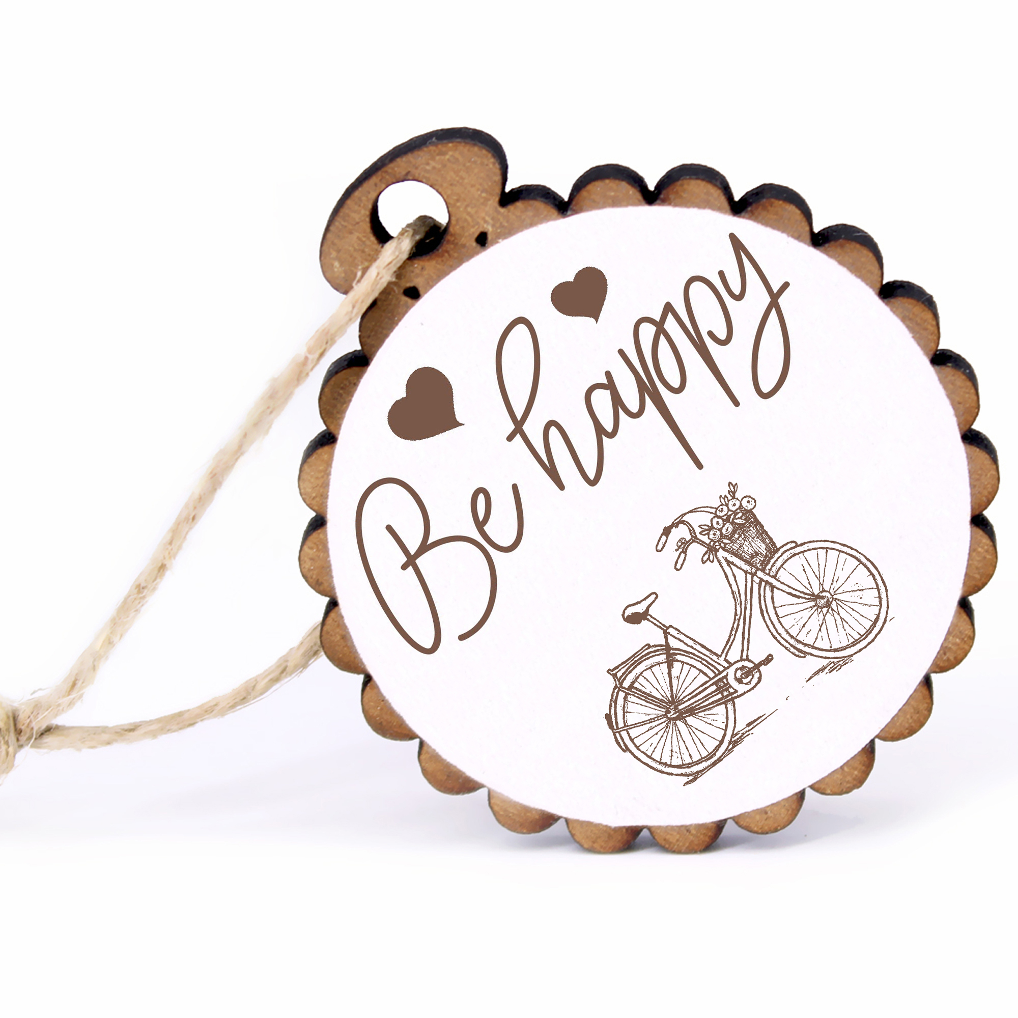 Geschenkanhänger - Be Happy Fahrrad mit Korb -  Holz Ø-5cm - mit Juteband
