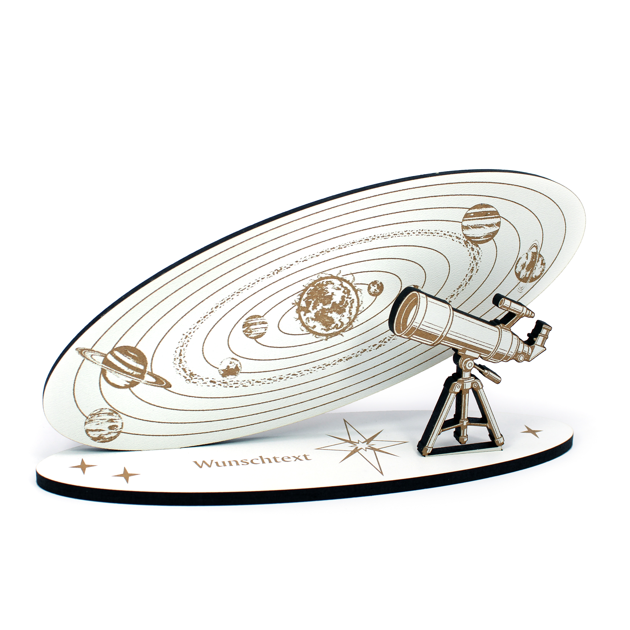 Geldgeschenk Sonnensystem – Deko Aufsteller 20x10 cm mit brauner Gravur, Teleskop & personalisierbarem Sockel – Geschenkidee für Astronomie, Weltraum & Wissenschaft
