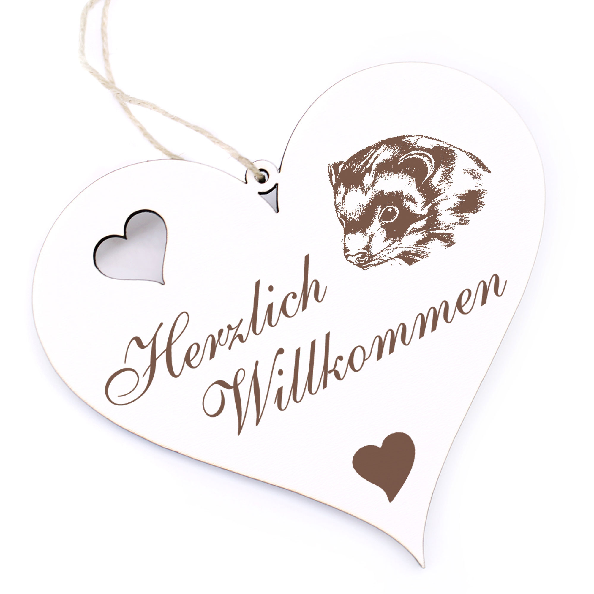 Herzlich Willkommen Schild - Frettchen - Deko Herz Holz