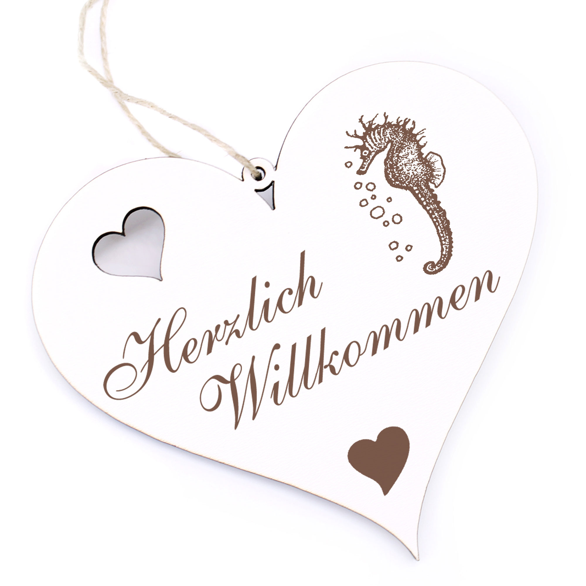 Herzlich Willkommen Schild - Seepferdchen mit Luftblasen - Deko Herz Holz