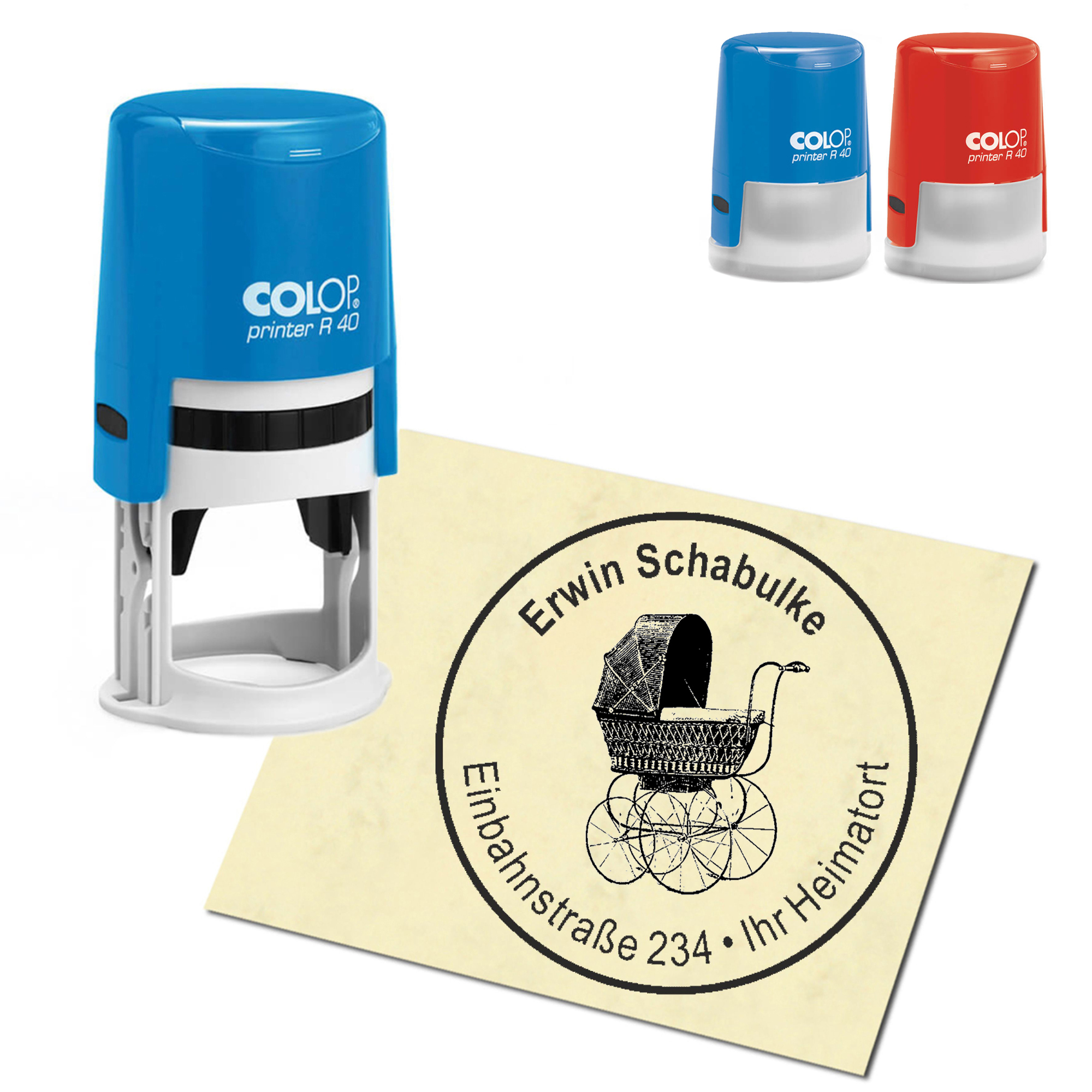 Stempel Adressstempel personalisiert - alter Kinderwagen - rund &empty; 40mm