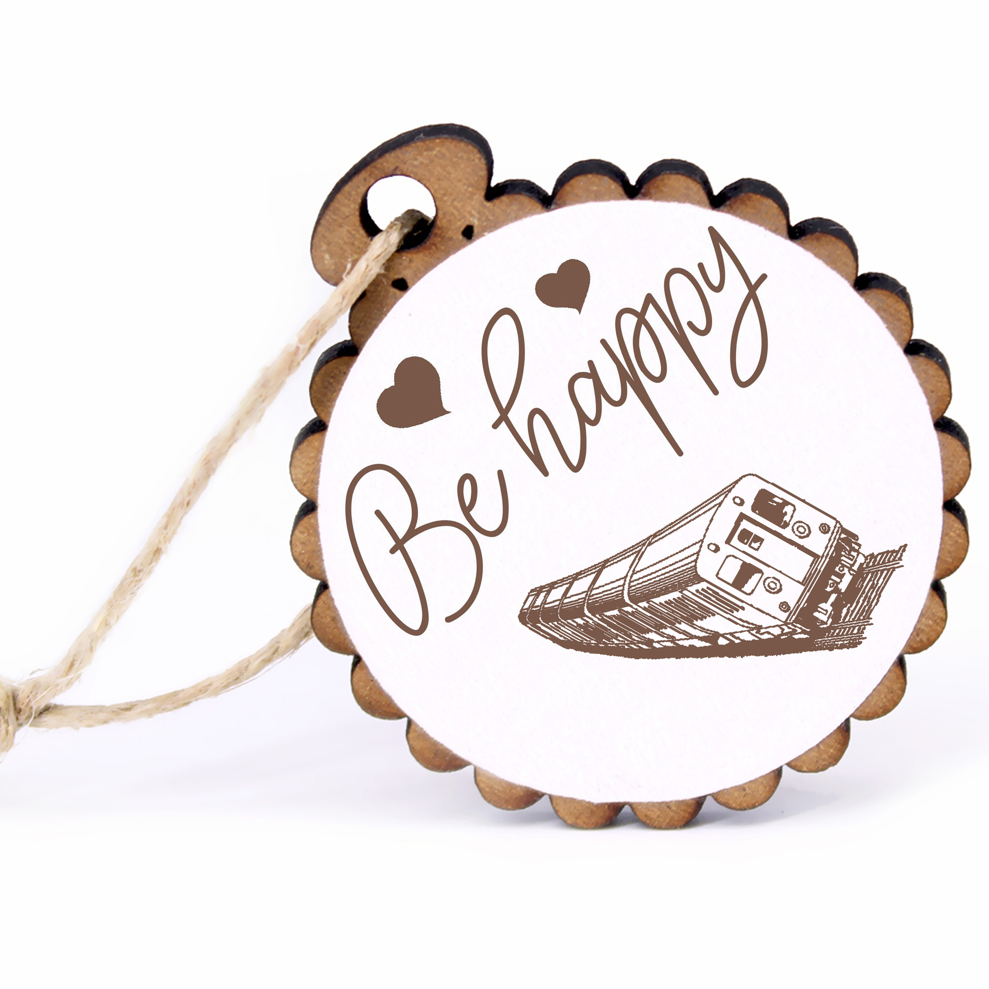 Geschenkanhänger - Be Happy Strassenbahn -  Holz Ø-5cm - mit Juteband
