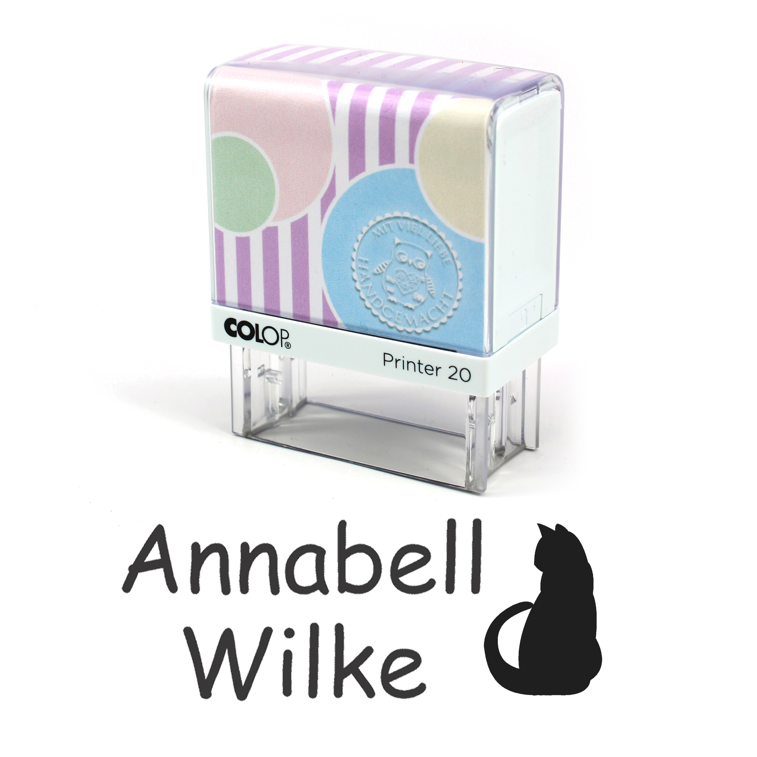 Textilstempel Katze - personalisierter Automatikstempel mit Namen - für Textilien Kleidung 38x14mm