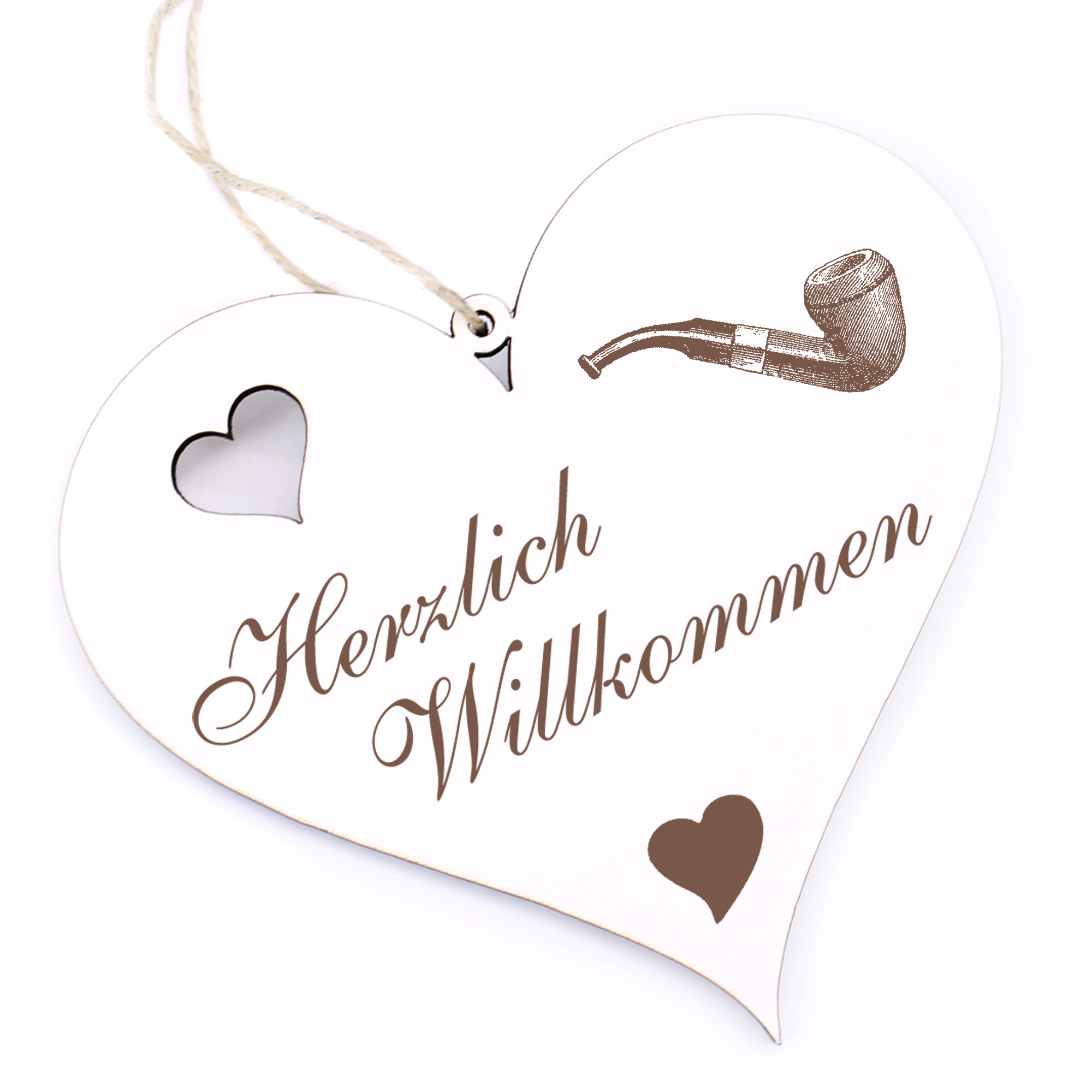 Herzlich Willkommen Schild - Pfeife - Deko Herz Holz
