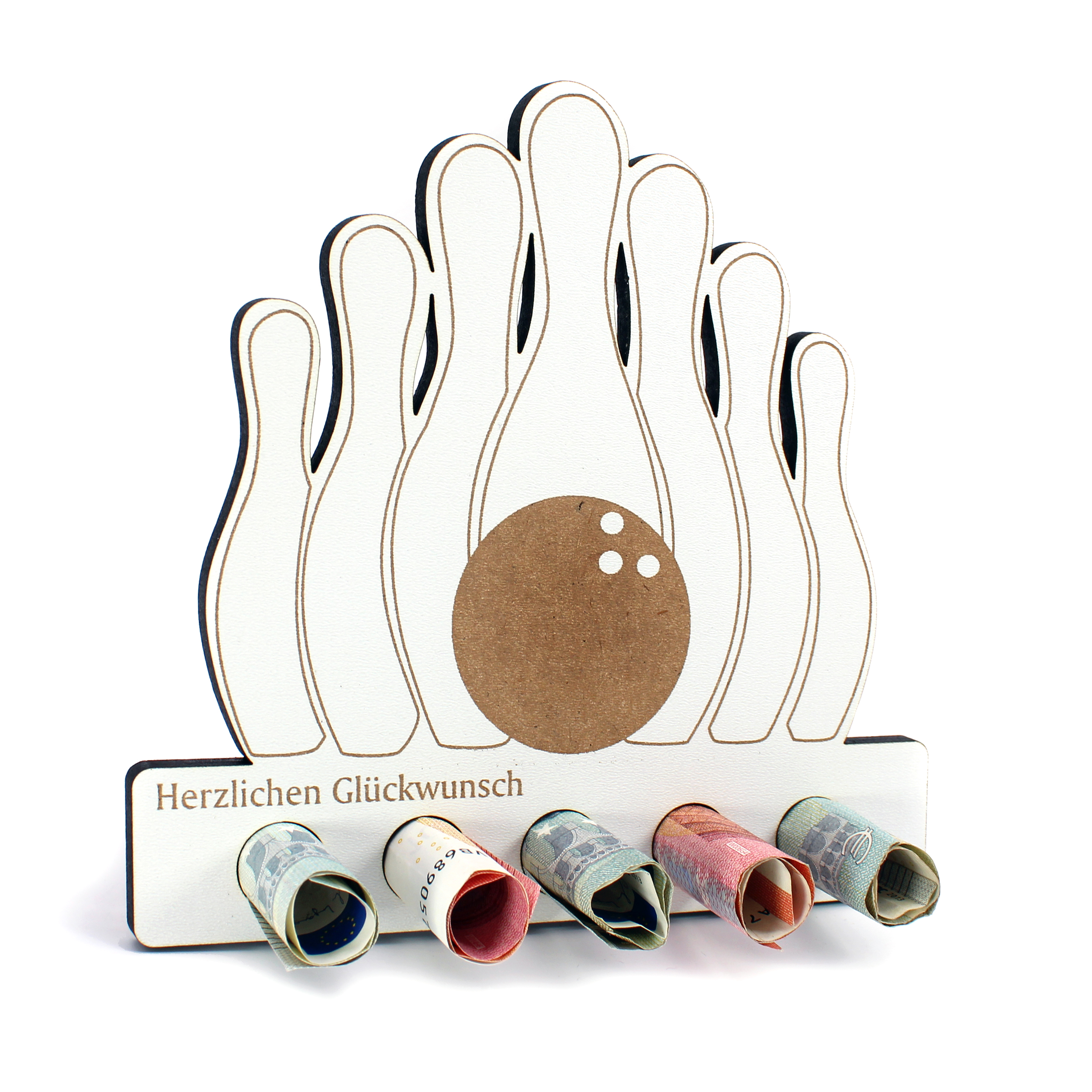 Geschenk Geldgeschenk für Bowling-Fans – personalisierbar mit Wunschtext – HDF Holzschild mit 5 Geldschein-Haltern