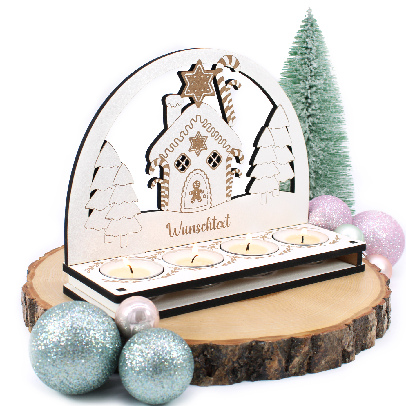 Schwibbogen Weihnachten mit Motiv Lebkuchenhaus und Tannen - personalisiert - für 4 Teelichter