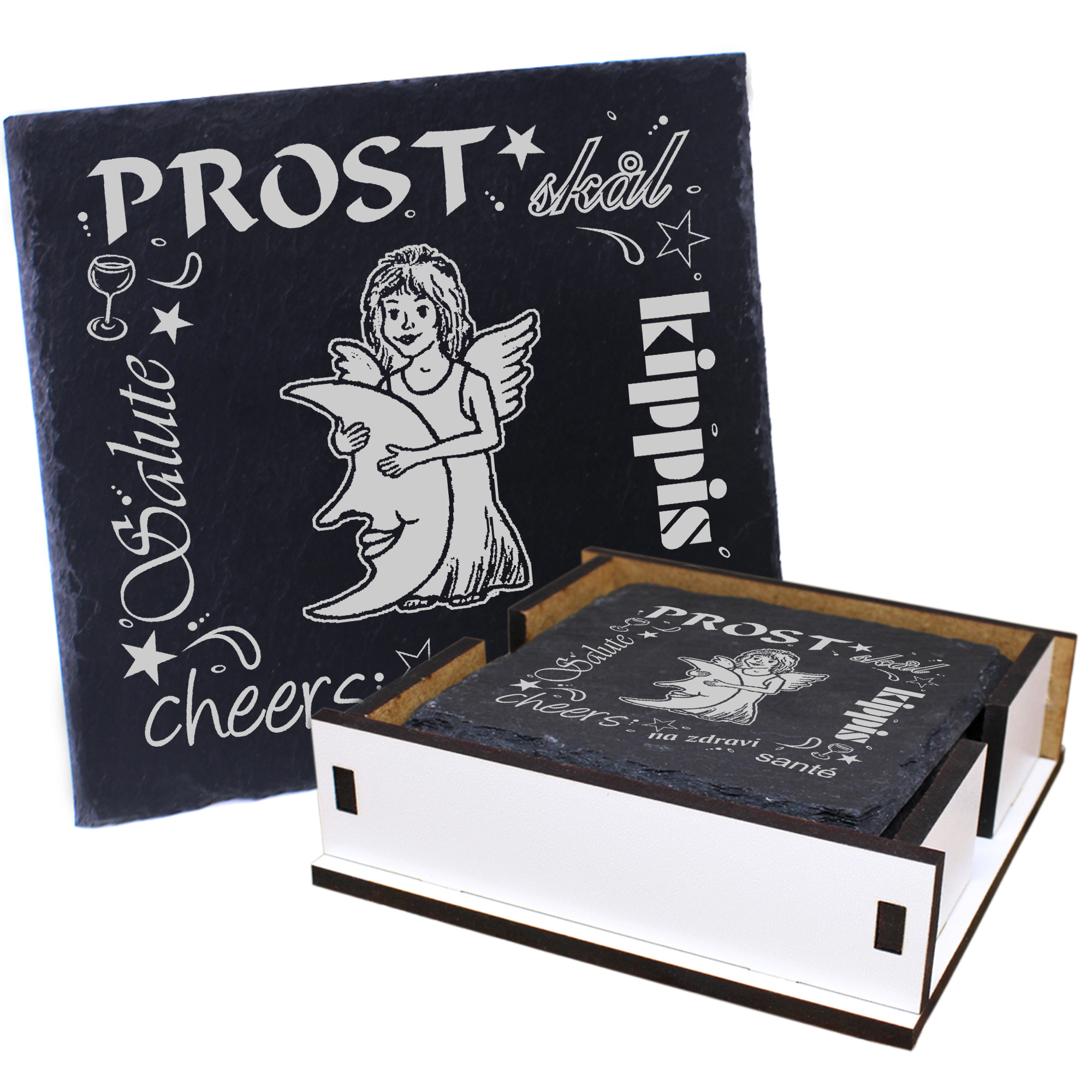 5 x Schiefer Untersetzer - Prost Elfe mit Mond - inkl. Holzbox & Flaschenuntersetzer