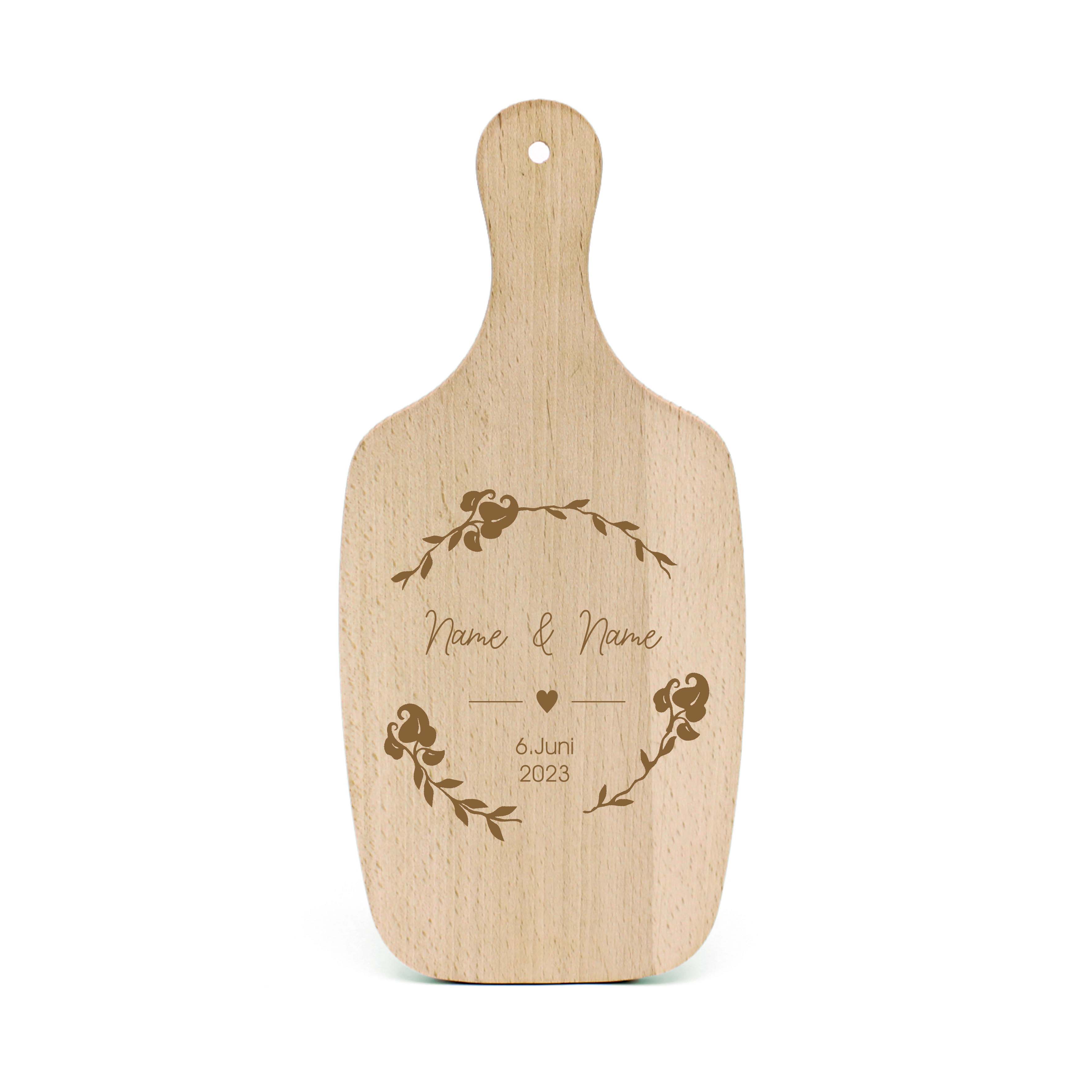 Hochzeitsgeschenk personalisiert Schneidebrett Herz Blätterkranz mit Namen & Datum graviert 34 x 15