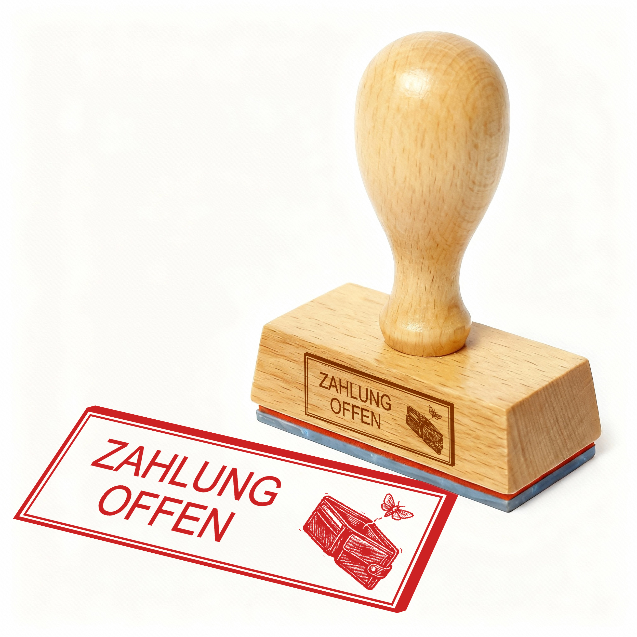 Bürostempel ZAHLUNG OFFEN Leeres Portemonnaie Stempel – Holzstempel 48x18 mm für Dokumente - unbezahlte Rechnung, offen