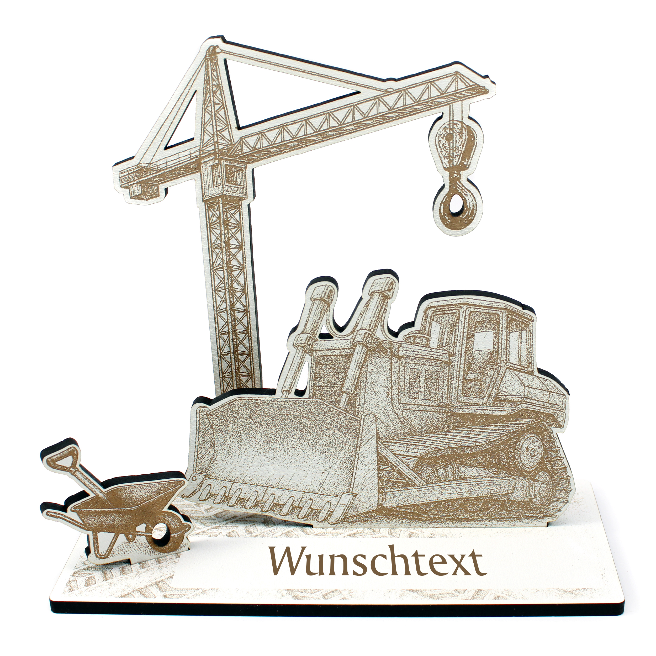 Geldgeschenk Aufsteller „Raupenfahrer“ – Dekoaufsteller mit Raupe, Kran & Schubkarre –  18×19×8 cm