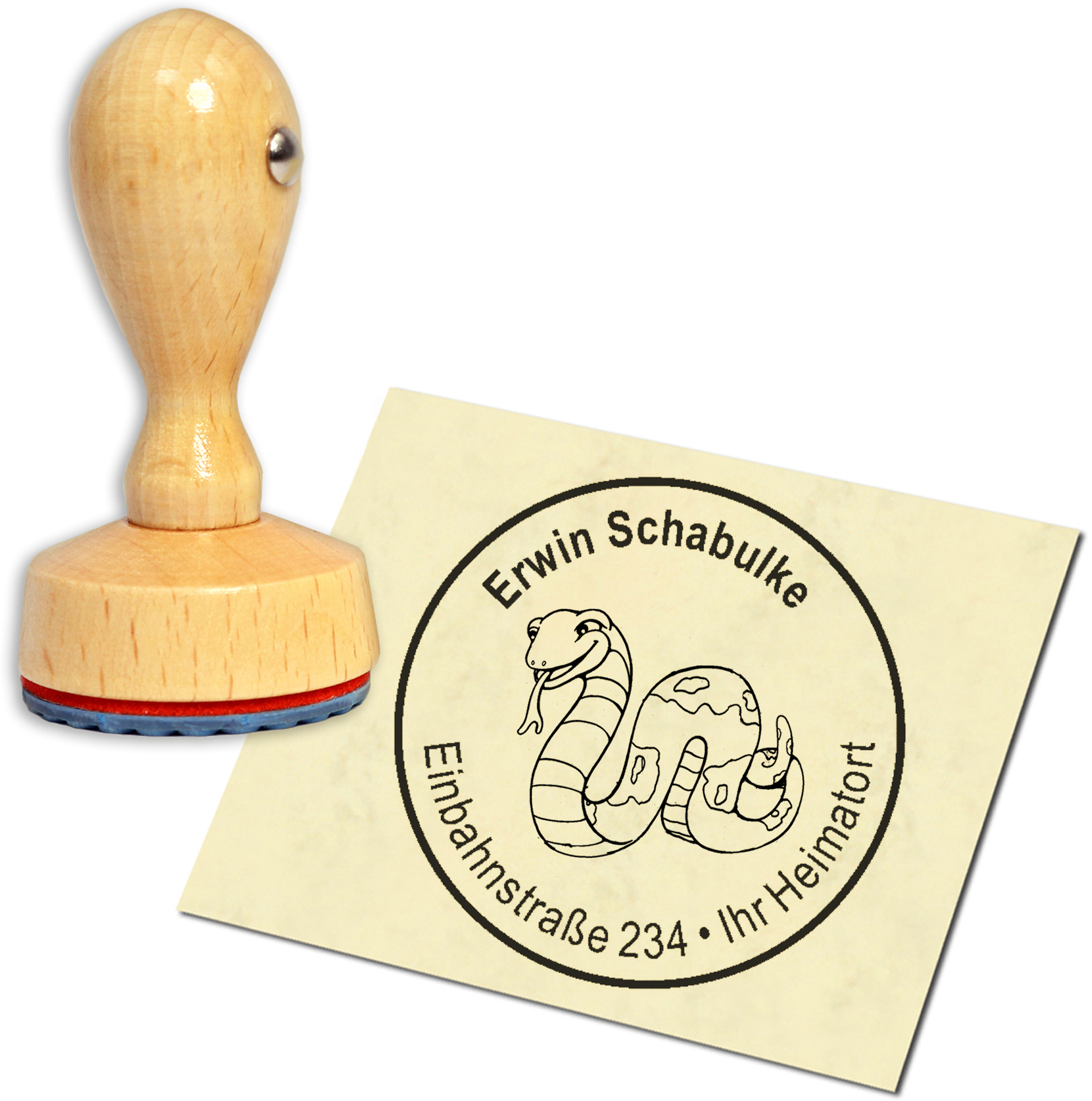 Stempel Adressstempel Holzstempel - lustige Schlange - rund 40mm