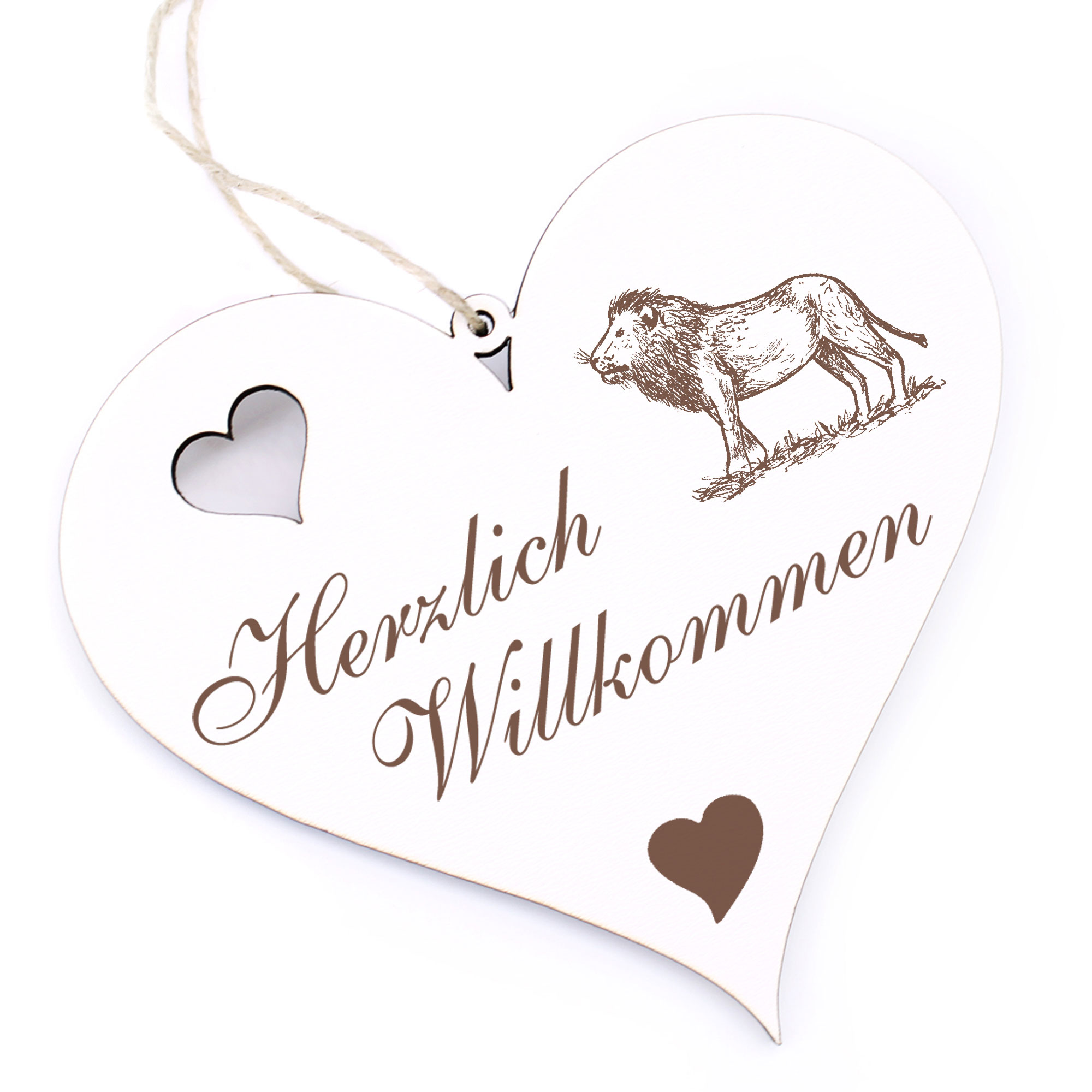 Herzlich Willkommen Schild - stehender Löwe - Deko Herz Holz