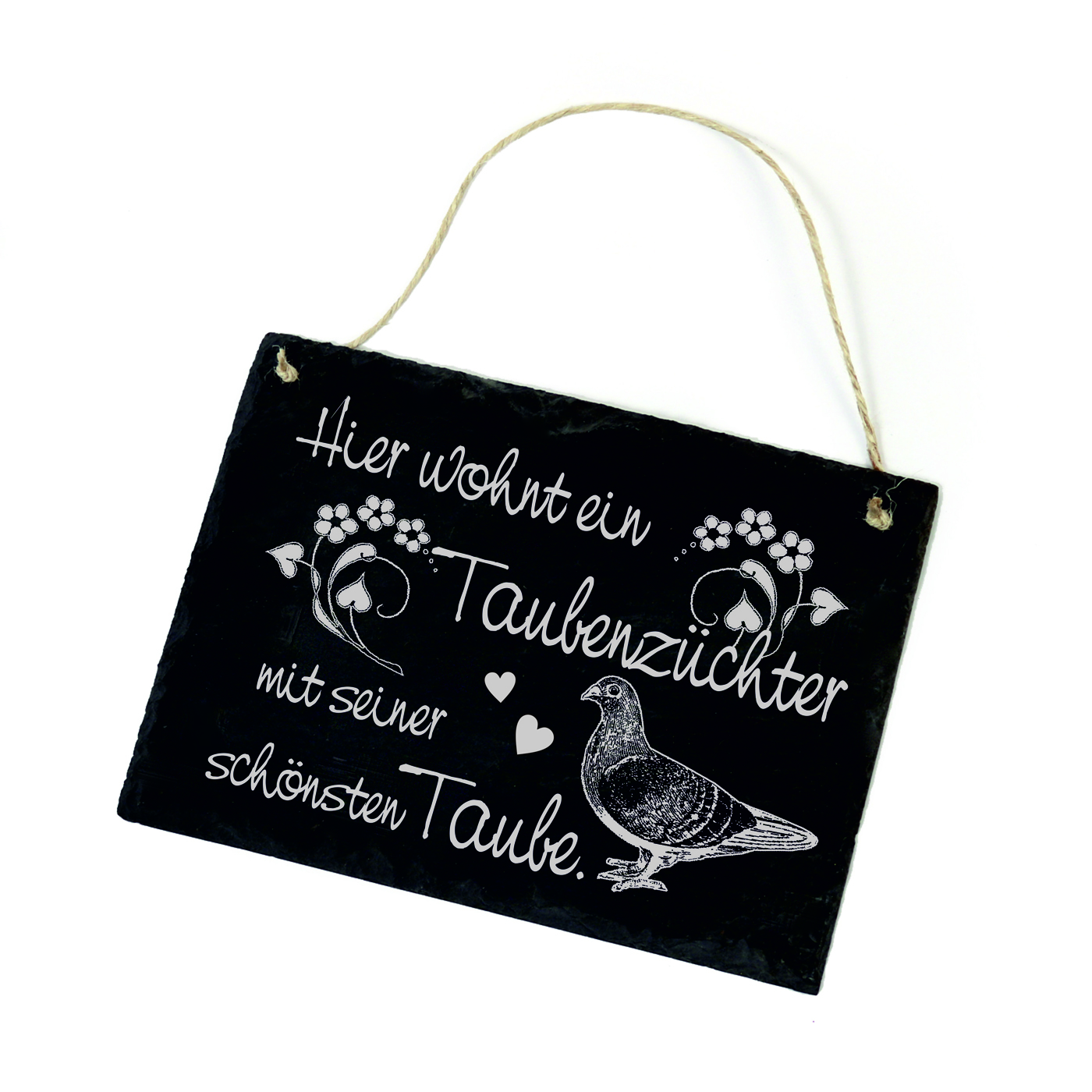 Schiefertafel « Hier wohnt ein Taubenzüchter mit seiner schönsten Taube 01 » Schild Taube Herzen