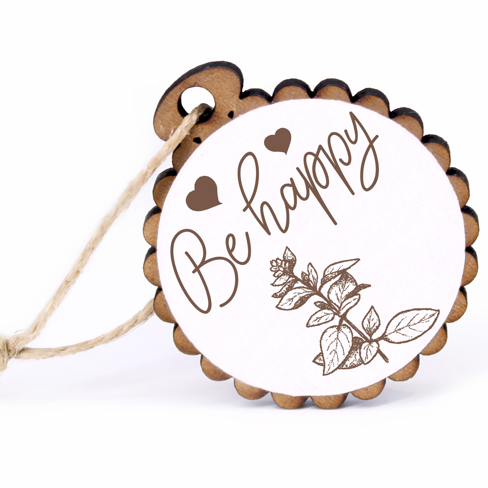 Geschenkanhänger - Be Happy Oregano -  Holz Ø-5cm - mit Juteband