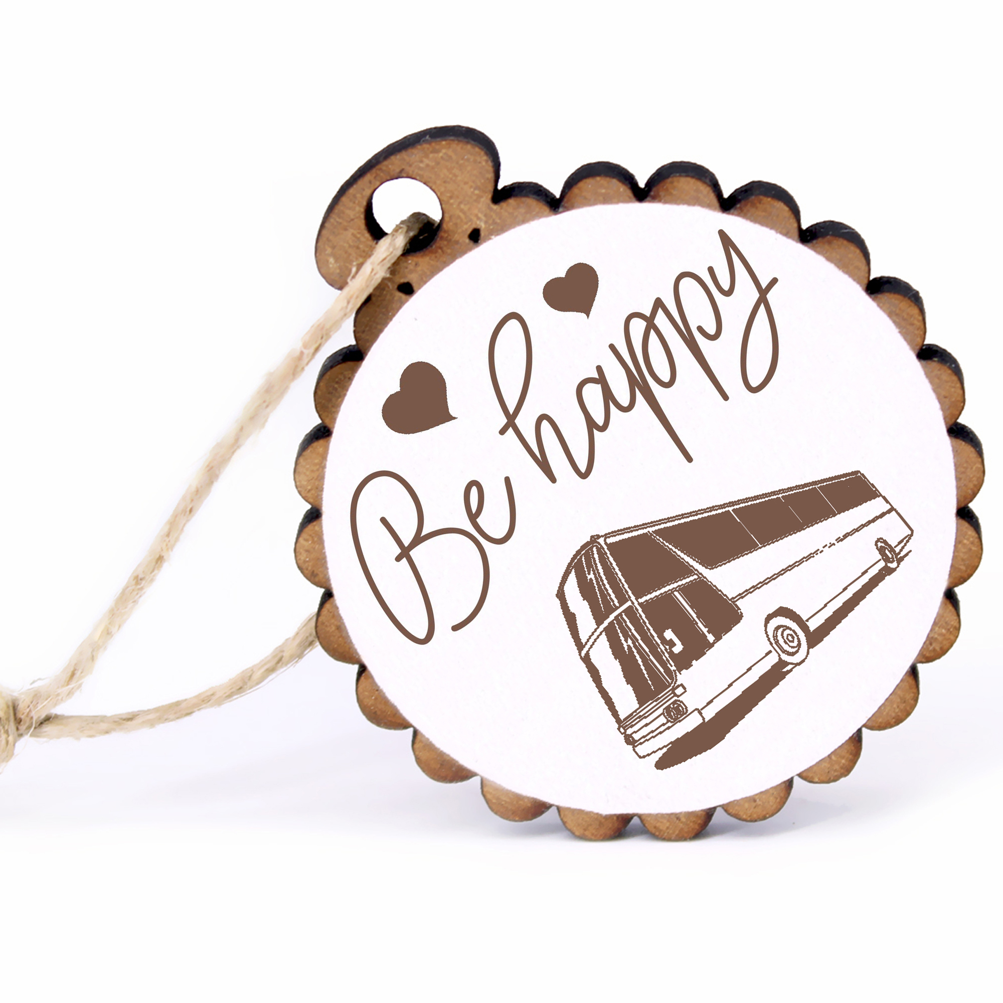 Geschenkanhänger - Be Happy Reisebus -  Holz Ø-5cm - mit Juteband