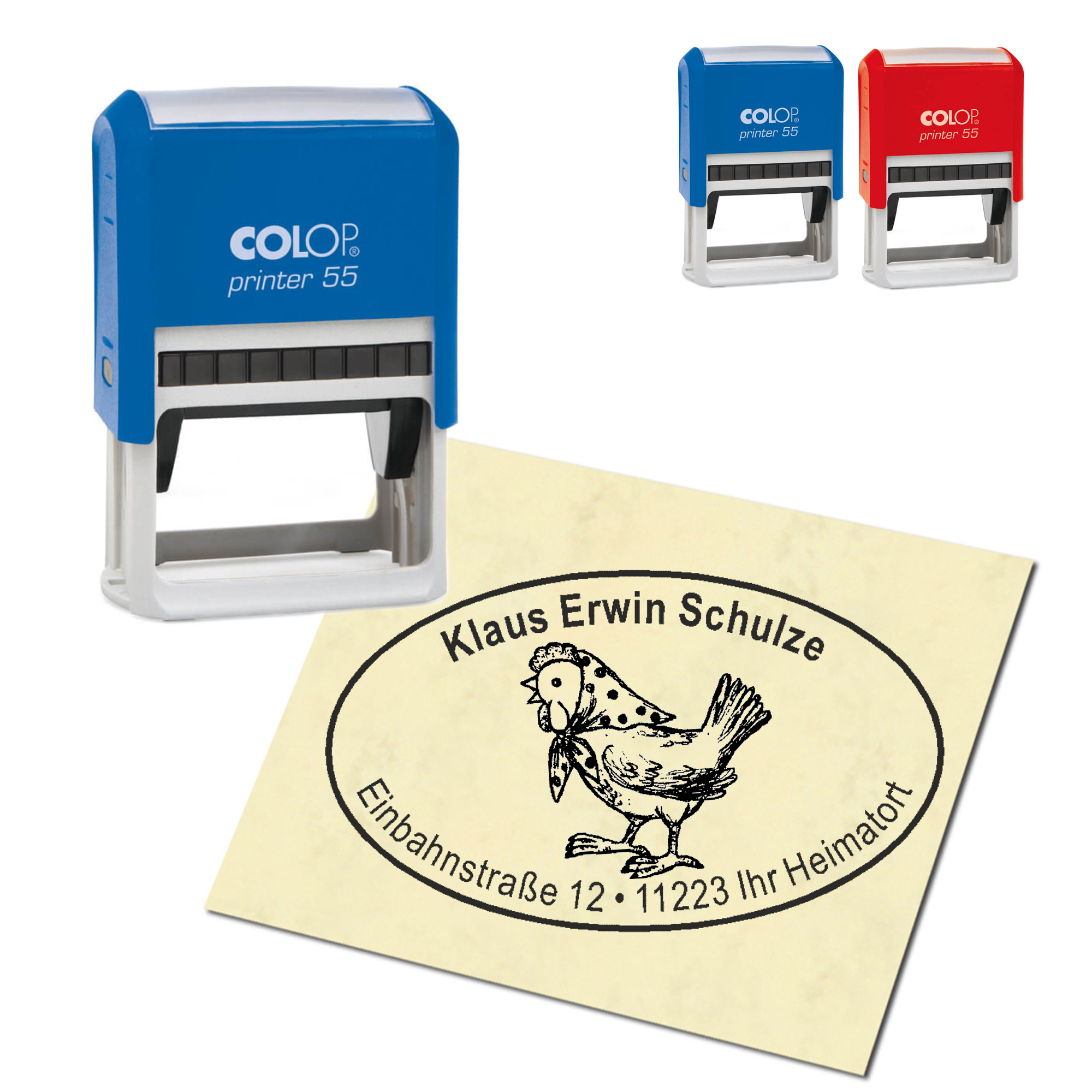 Adressstempel personalisiert Stempel - Huhn mit Kopftuch - oval 59 x 39 mm