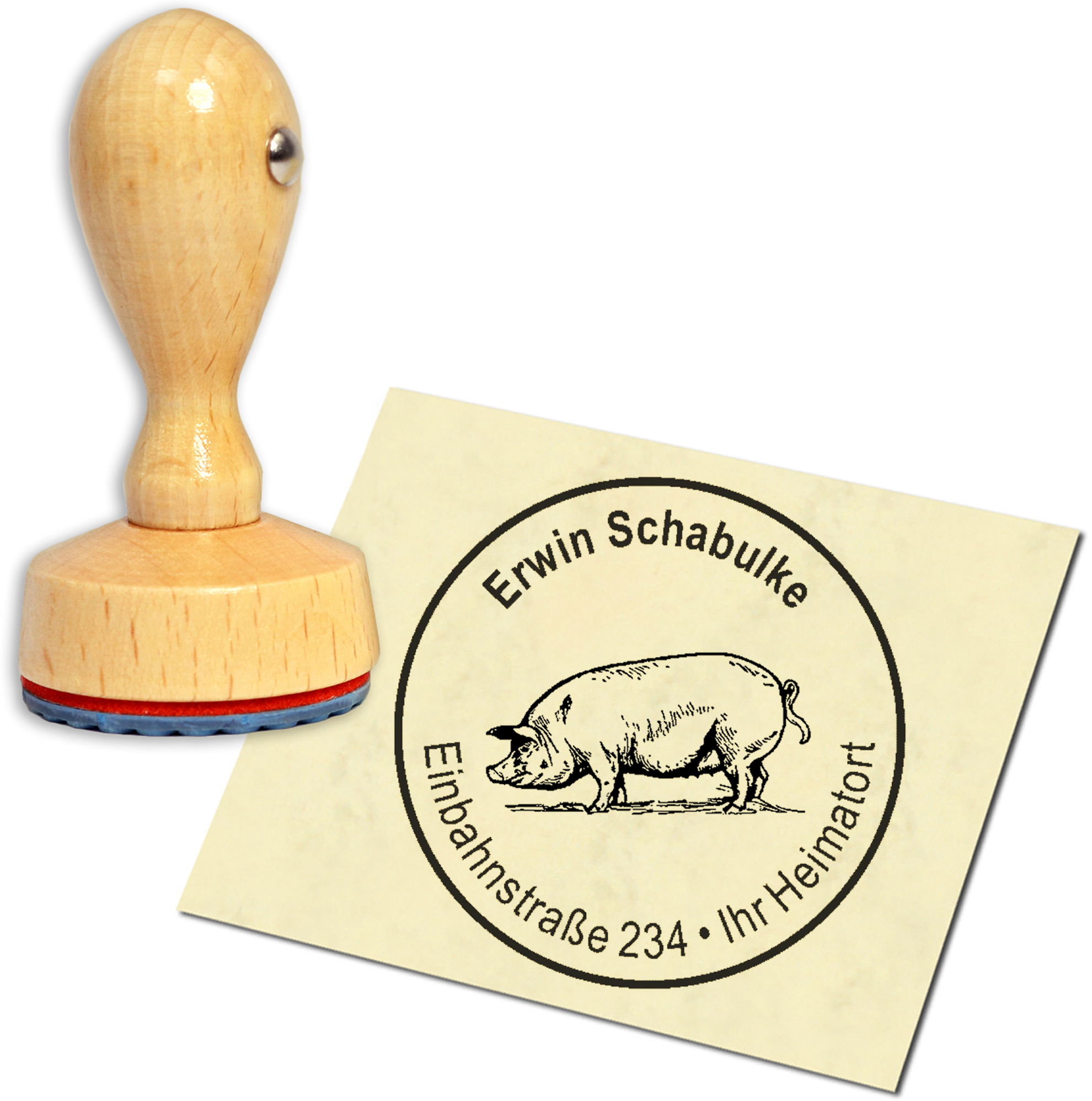 Stempel Adressstempel Holzstempel - Schwein - rund 40mm