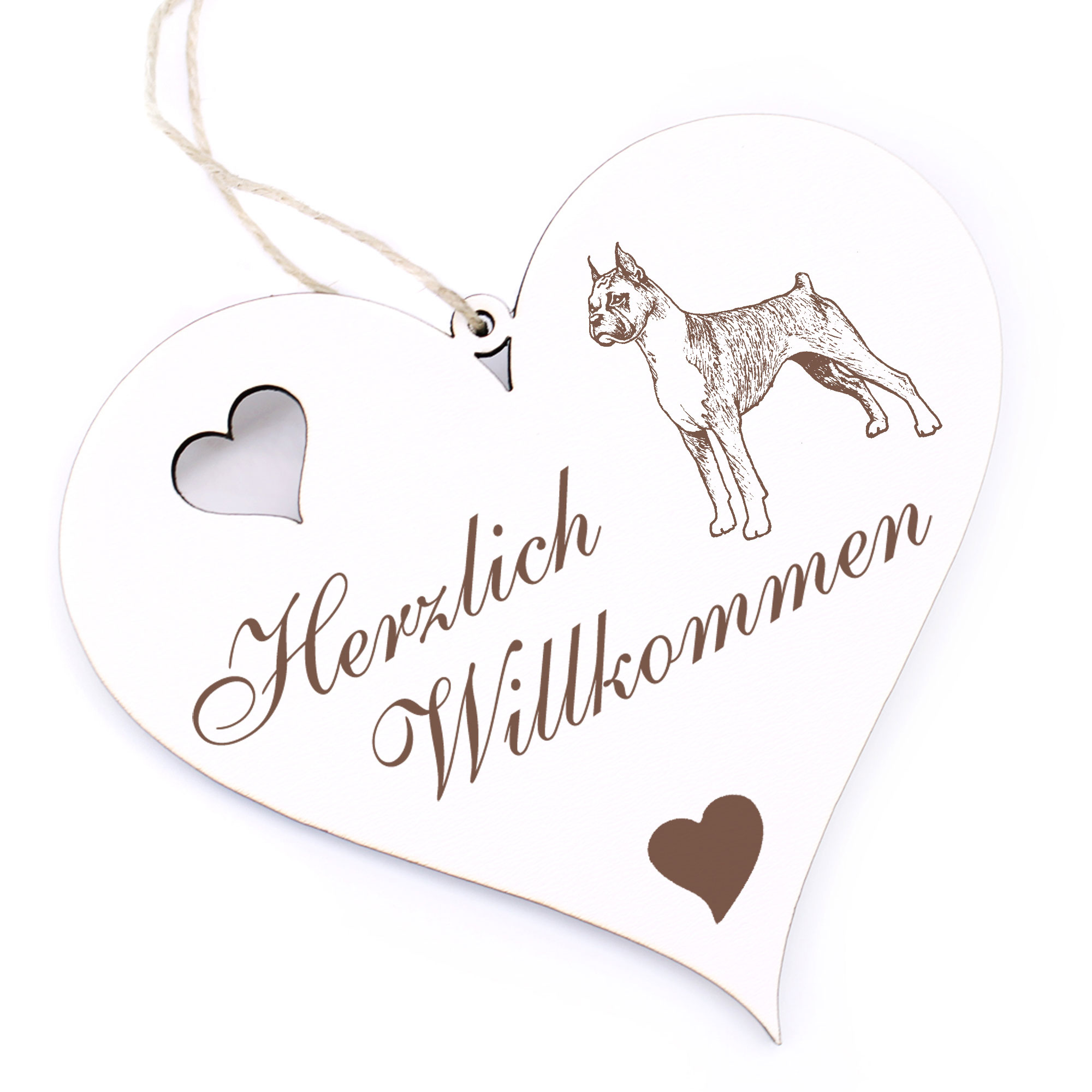 Herzlich Willkommen Schild - deutscher Boxer - Deko Herz Holz