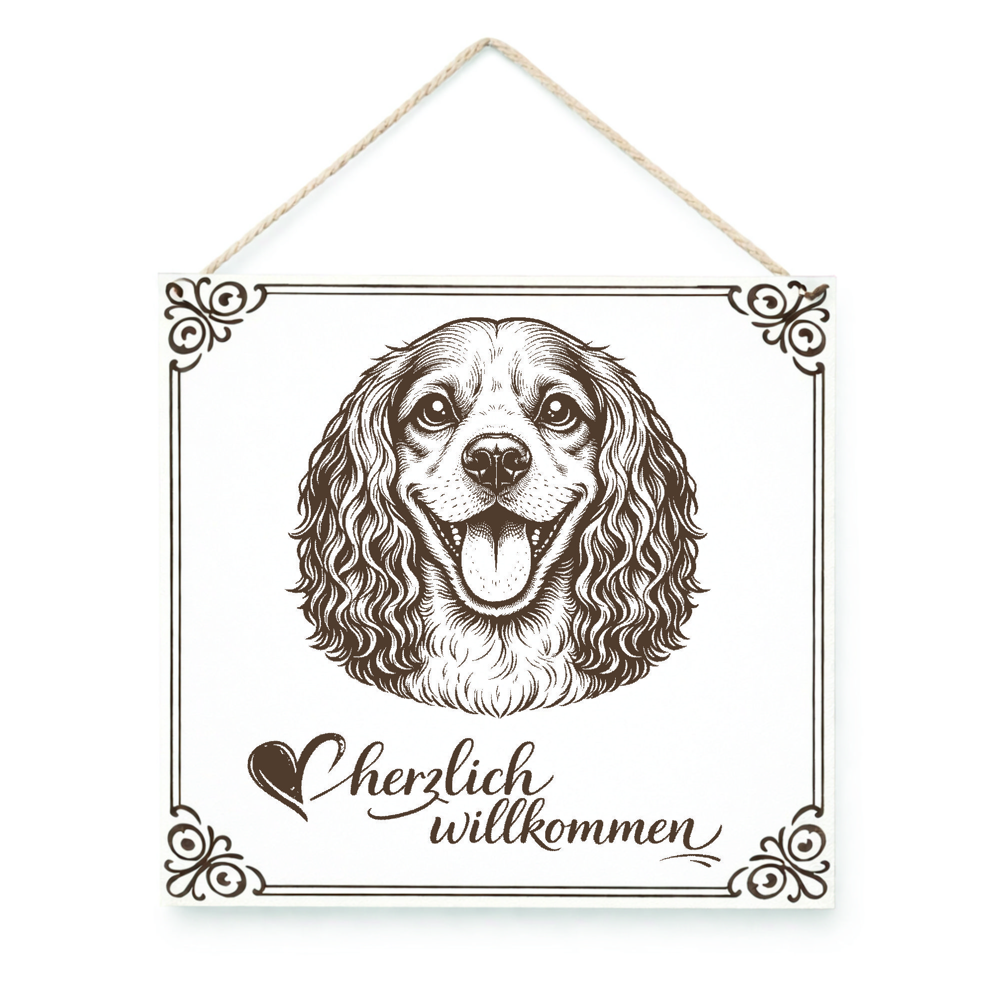 Hund Willkommensschild Cocker Spaniel – Türschild Herzlich Willkommen  – Dekoschild Haustür 15×15 cm
