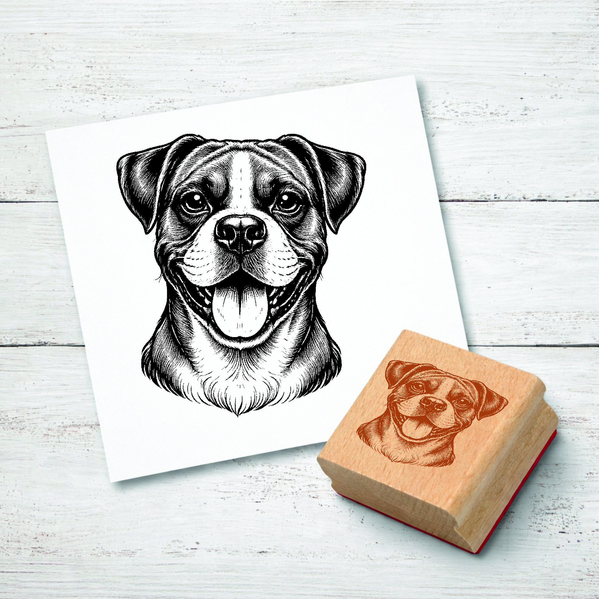 Motivstempel Boxer Hund - Stempel mit Hundemotiv - Holzstempel Abdruck 42 x 48 mm