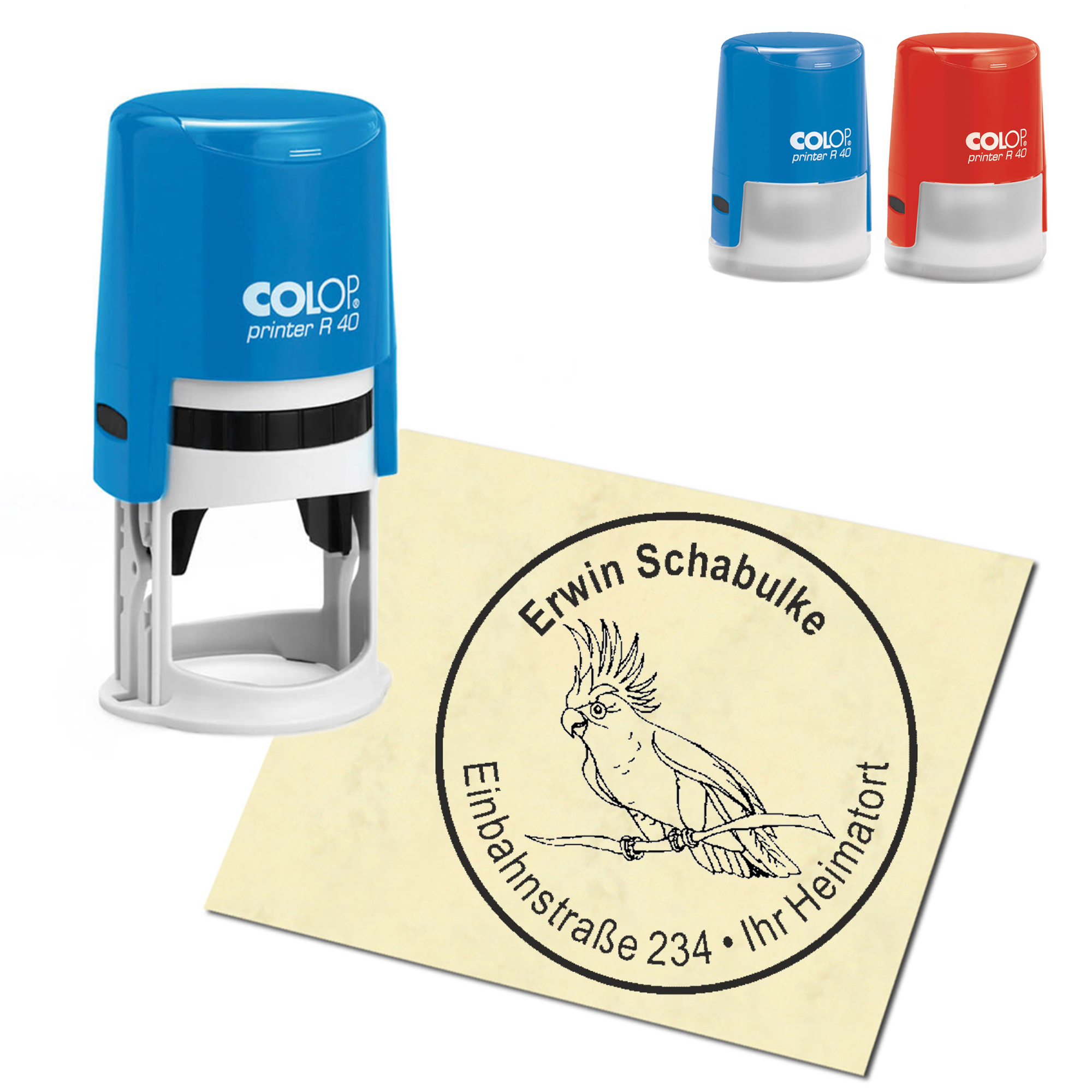 Stempel Adressstempel personalisiert - Papagei - rund &empty; 40mm