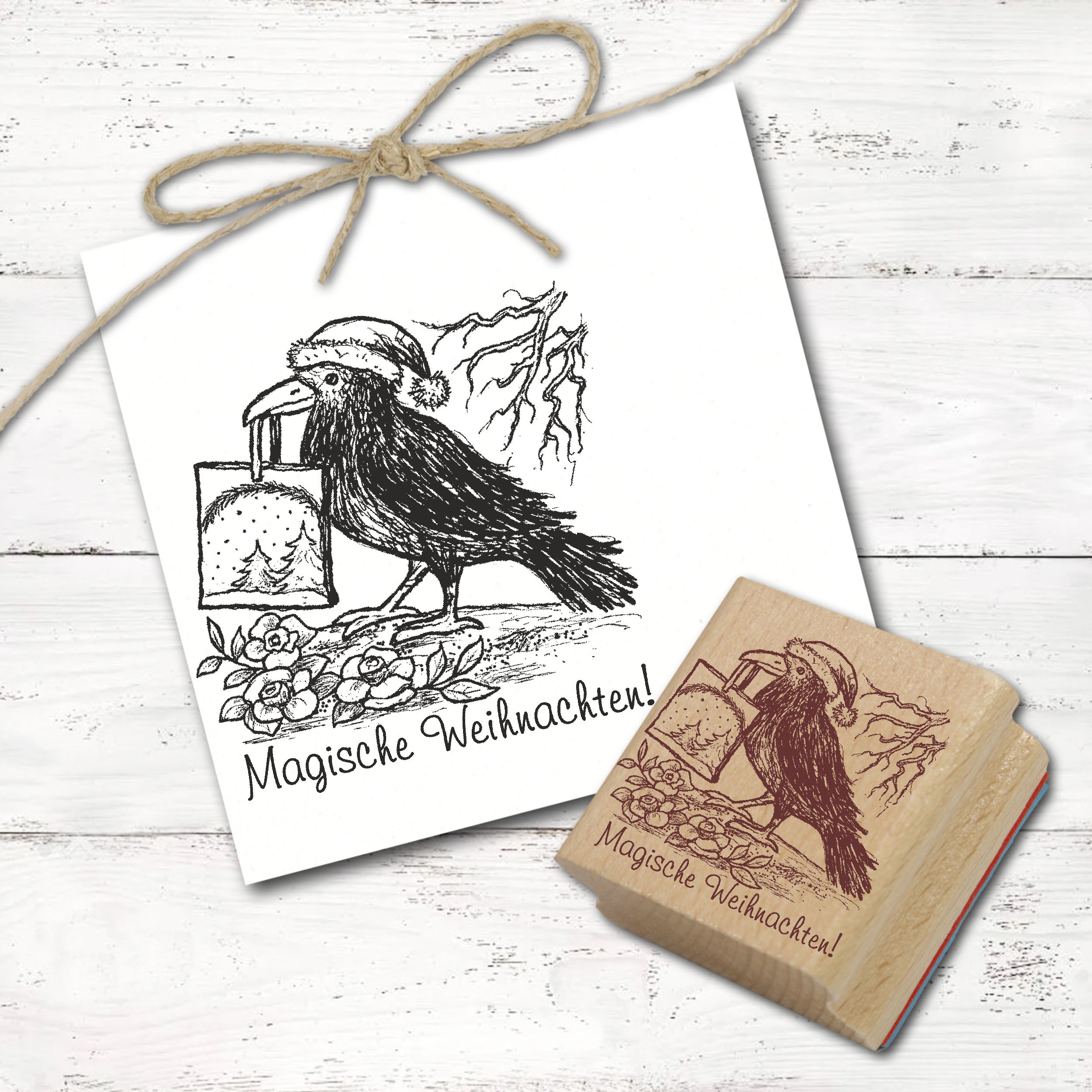 Motivstempel Rabe Magische Weihnachten - Winter Stempel Rosen Holzstempel 68mm x 68mm
