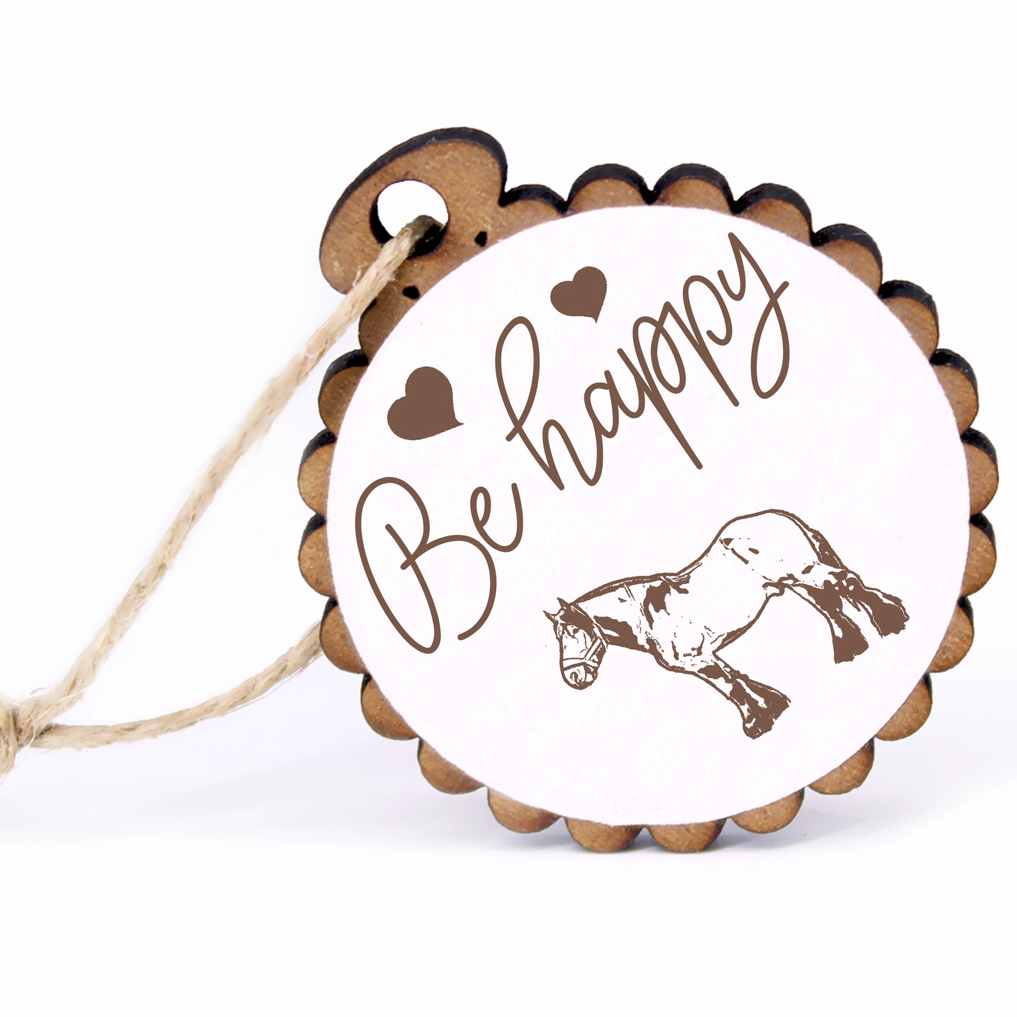 Geschenkanhänger - Be Happy Auxois Pferd -  Holz Ø-5cm - mit Juteband
