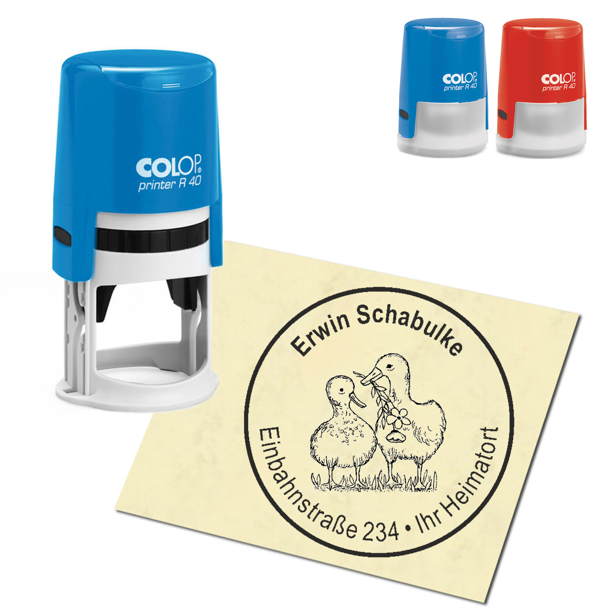 Stempel Adressstempel personalisiert - Entenpaar - rund &empty; 40mm