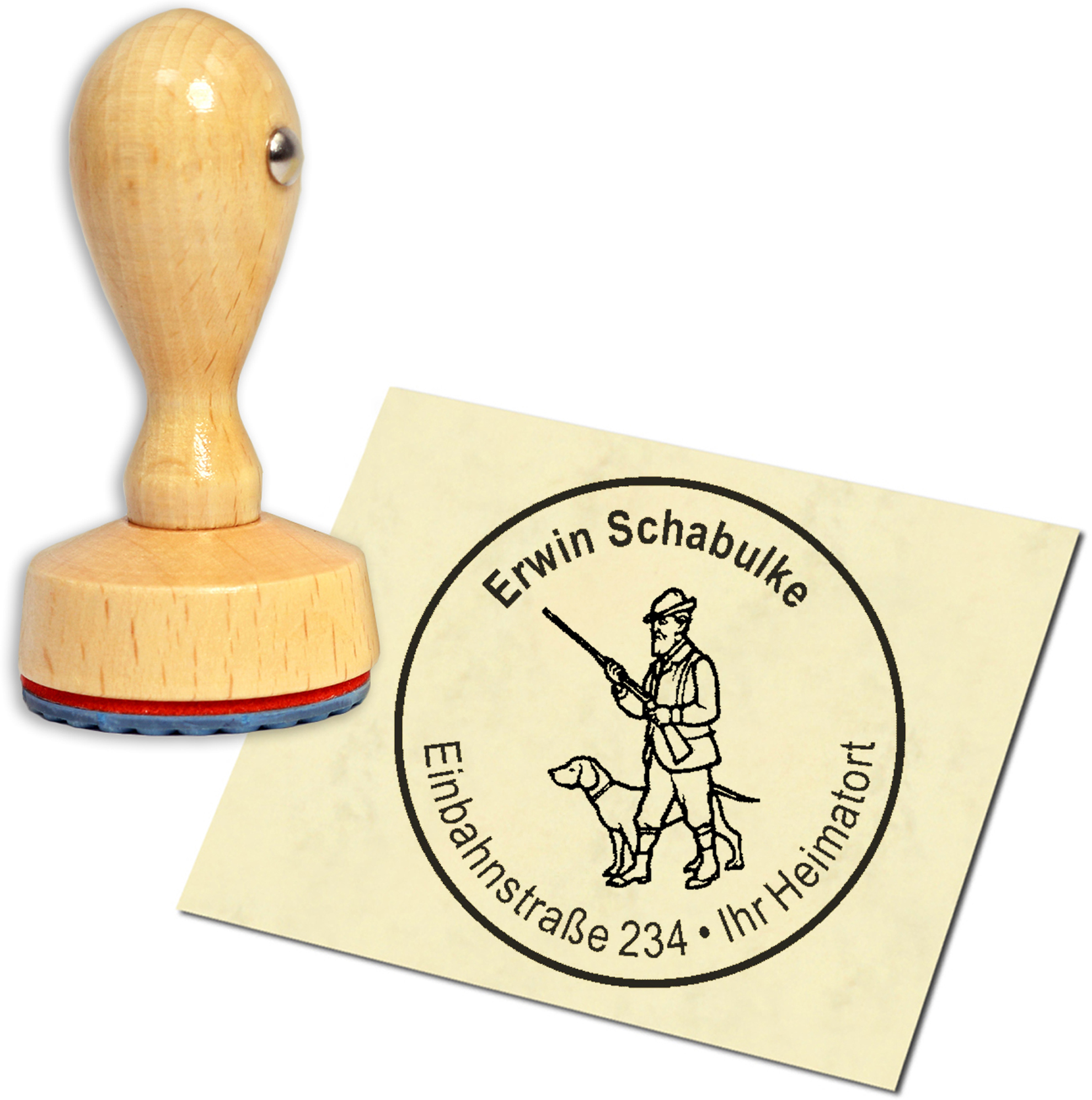 Stempel Adressstempel Holzstempel - Jäger mit Hund - rund 40mm