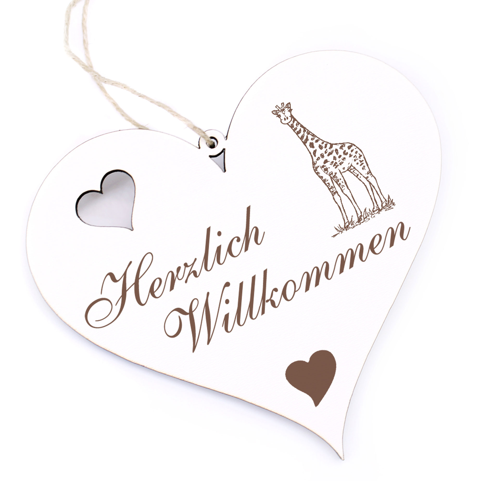 Herzlich Willkommen Schild - Giraffe auf Gras - Deko Herz Holz