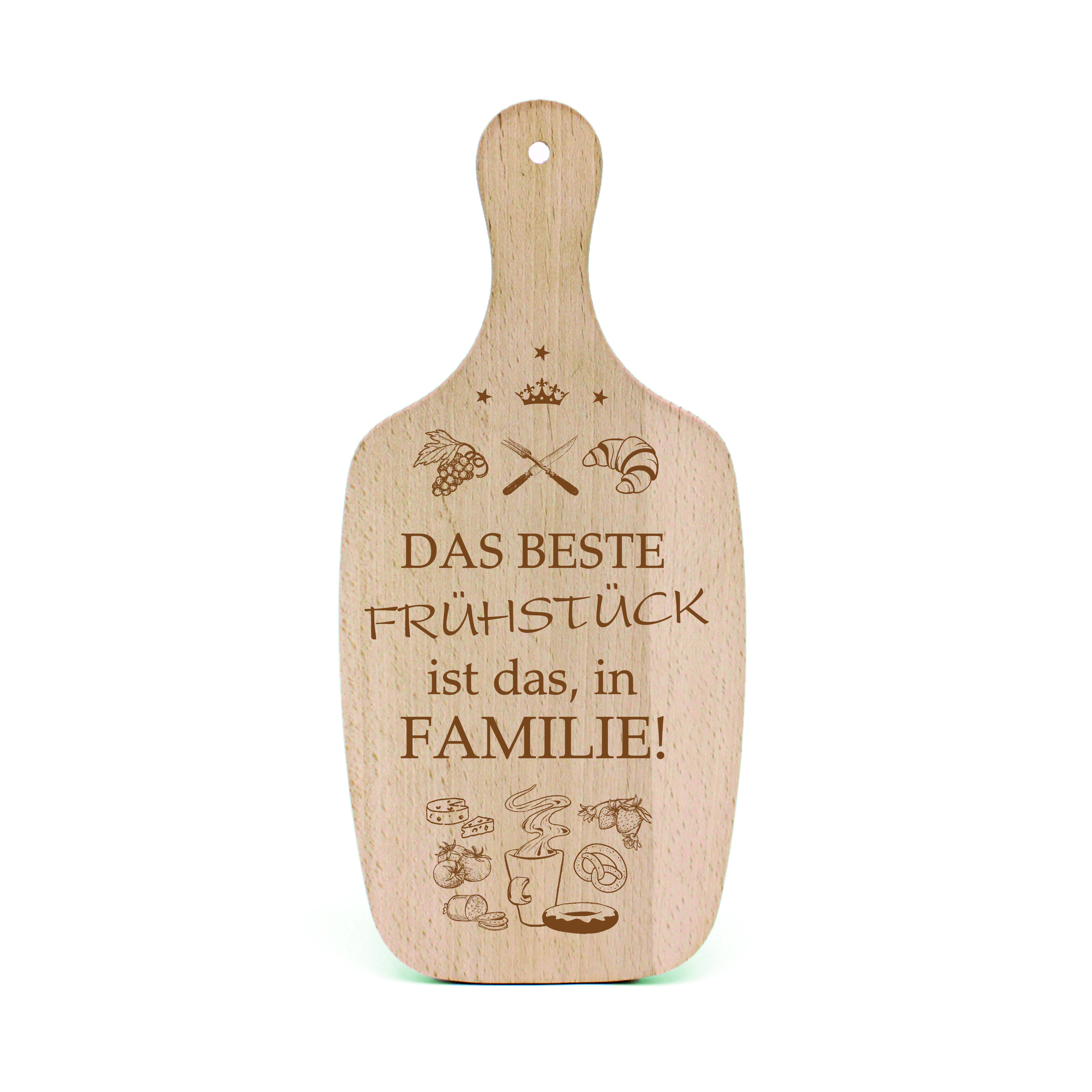 Das beste Frühstück ist das, in Familie ! Frühstücksbrett mit Griff graviert Schneidebrett 34 x 15