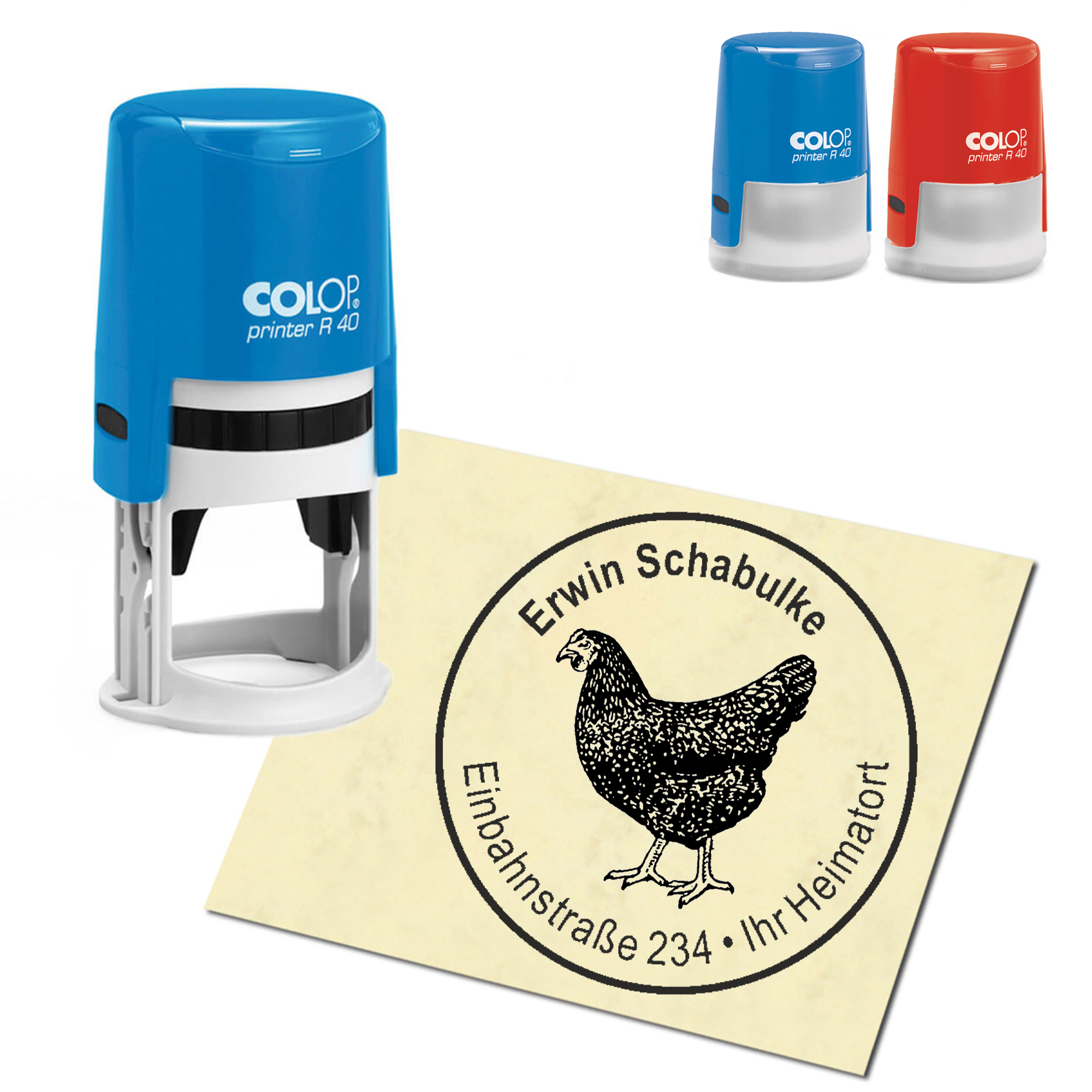 Stempel Adressstempel personalisiert - dunkles Huhn - rund &empty; 40mm