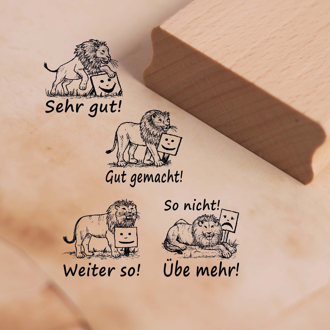 Lehrerstempel Löwen im Set - 4 Motivstempel mit Spruch und Motiv für Schule ca. 28 x 28 mm