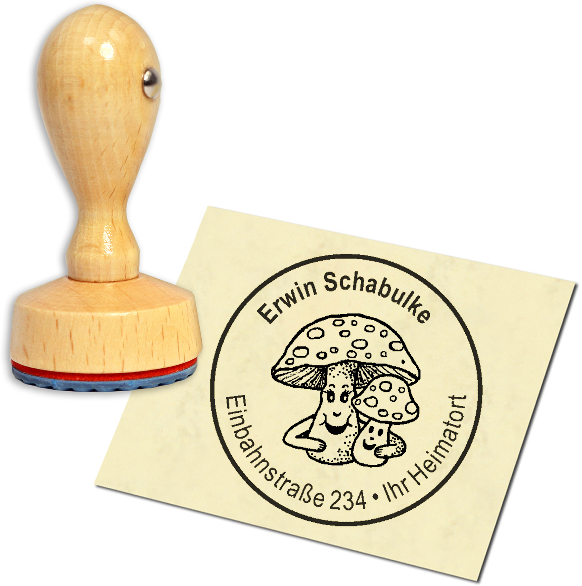 Stempel Adressstempel Holzstempel - Pilz mit Gesicht - rund 40mm