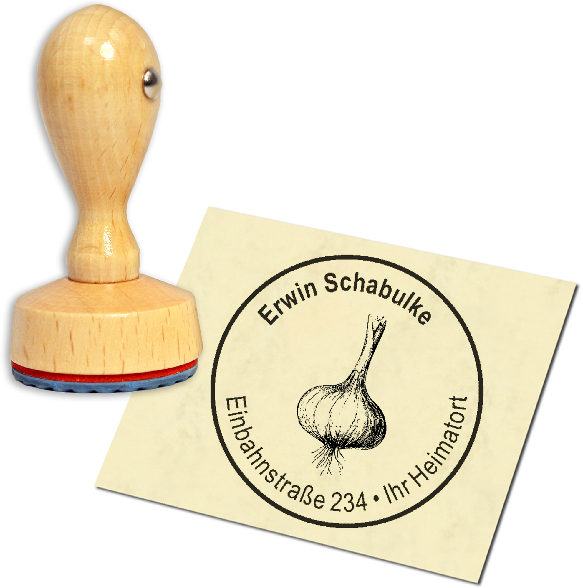 Stempel Adressstempel Holzstempel - Knoblauch - rund 40mm