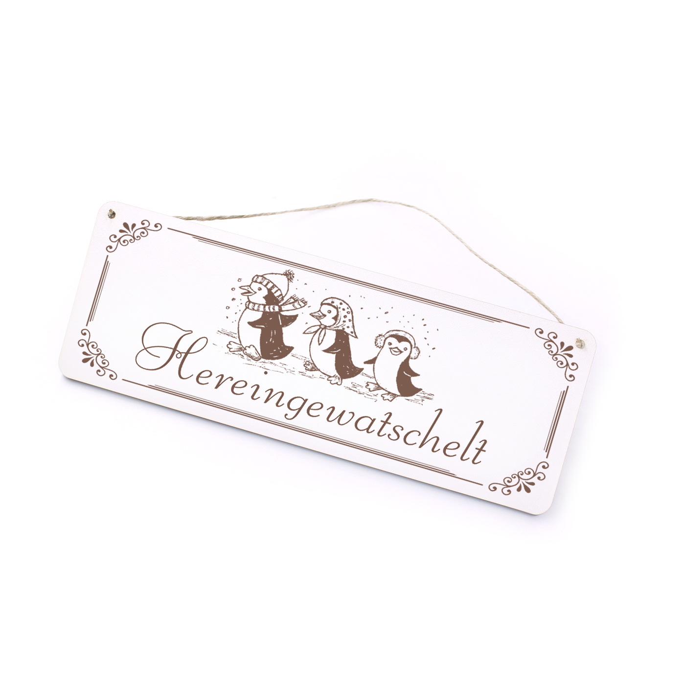 Schild mit Gravur Hereingewatschelt Winter Pinguin Familie - Dekoschild Vintage Türschild 20 x 7,5